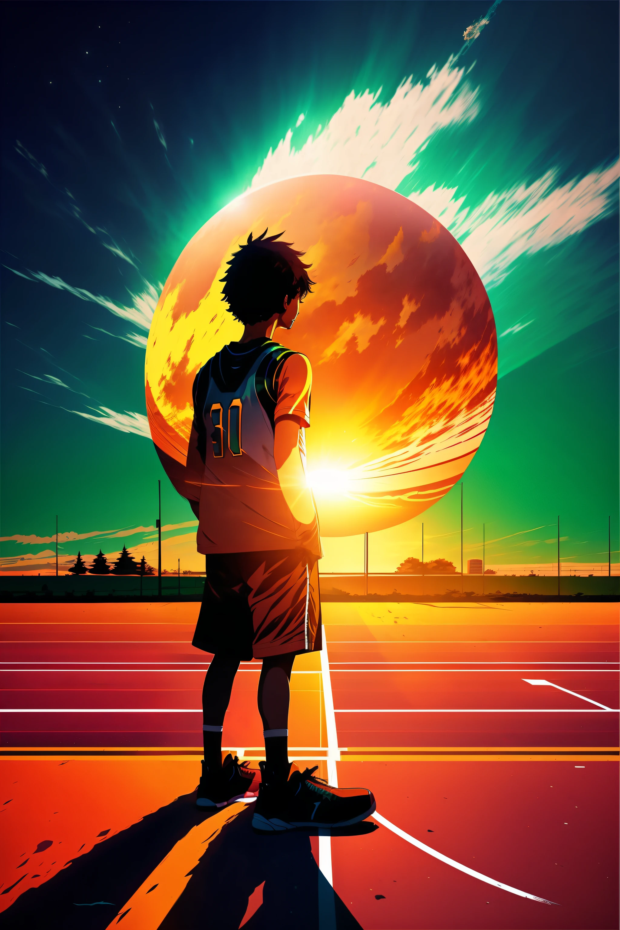 Realistic art of a boy basketball player standing on a basketball court with a giant sun in the sky, fotografia realista, 4k, high definition, arte de fundo, Jen Bartel, Dia tranquilo. digital illustation, arte de fundo, Arte Lofi, rosto detalhado, detailed sky, Estilo de Arte Lofi, arte de fundo do anime, anime sky, heaven, Sky Day, No style da obra de Dan Mumford, Fundo do animecores verde e laranja, basquete, bola de basquete