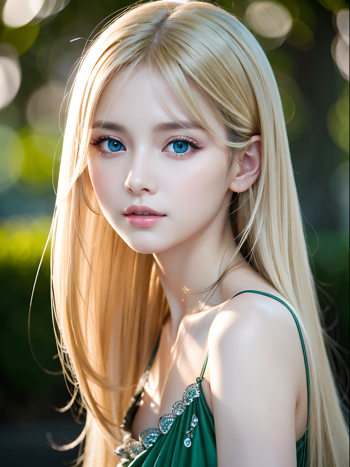 masutepiece, Best Quality, Photorealsitic, Ultra-detailed, finely detail, hight resolution, 8k wallpaper, RAW color photo, Professional, high level of detail, Beautiful blonde woman. Super Long Straight Silky Blonde Hair、Hair flowing between the eyes、sharp focus, awardwinning photo, (Emerald green dress), (cleavage of the breast), (Facing the front), (Look at viewers), Small light, Low contrast, Facial symmetry, depth of fields, Cinematic background, central image, Lights up softly, (finely detailed skin), pale skin, Large, beautiful pale blue eyes、Gloss Face、Teak Gloss、Realistic skin texture, Extreme skin details、Small face beauty、Round face、The most beautiful girl in the world、