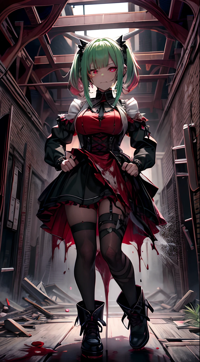 horor、in isekai、Dynamic、Acrobatic、full body Esbian、crosses、Goth Punk、Longhaire、Twin-tailed、dishevled hair、long、Blunt bangs、Ahegao ( Silly / Sexual ecstasy)、dead body、Blood everywhere、blood splashing、dark hue、Red hue、maid、Green hair、