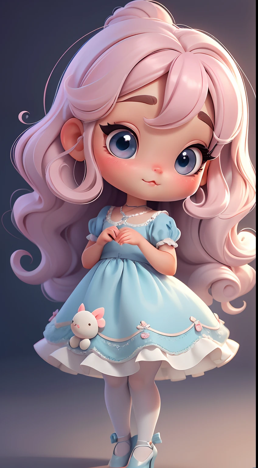 Create a series of cute baby style chibi dolls with a cute ballerina theme, each with lots of detail and in an 8K resolution. All dolls should follow the same solid background pattern and be complete in the image, mostrando o (corpo inteiro, incluindo as pernas: 1.5)
Boneca Camponesa: Chame-a de Mia. Ela deve ter cabelos ondulados. Seus olhos devem ser grandes e curiosos, with long eyelashes and slightly pinkish cheeks. Mia should be dressed in a delicate velvet blue ballerina dress with ballerina shoes. She should hold delicate and thin accessories. Add details like sparkles and ruffles to the dress to make it even more charming, sapato bonito
Certifique-se de adicionar sombras, texturas e detalhes nos cabelos, roupas, Beautiful utensils, to make them even more adorable and charming.