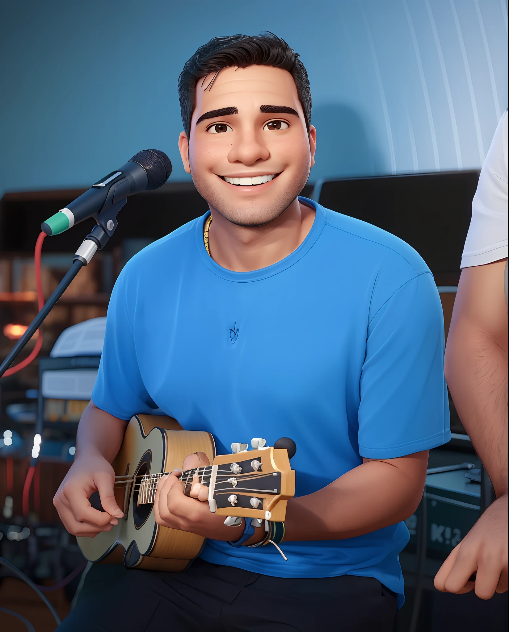 smiling man holding a guitar and a microphone in front of a microphone, caio santos, edu souza, pablo perdomo, alex miranda, daniel mirante, carmelo blandino, david rios ferreira, danilo torres, joe alves, alex flores, by Felipe Seade, icaro carvalho, joel torres, joseph moncada, very slightly smiling