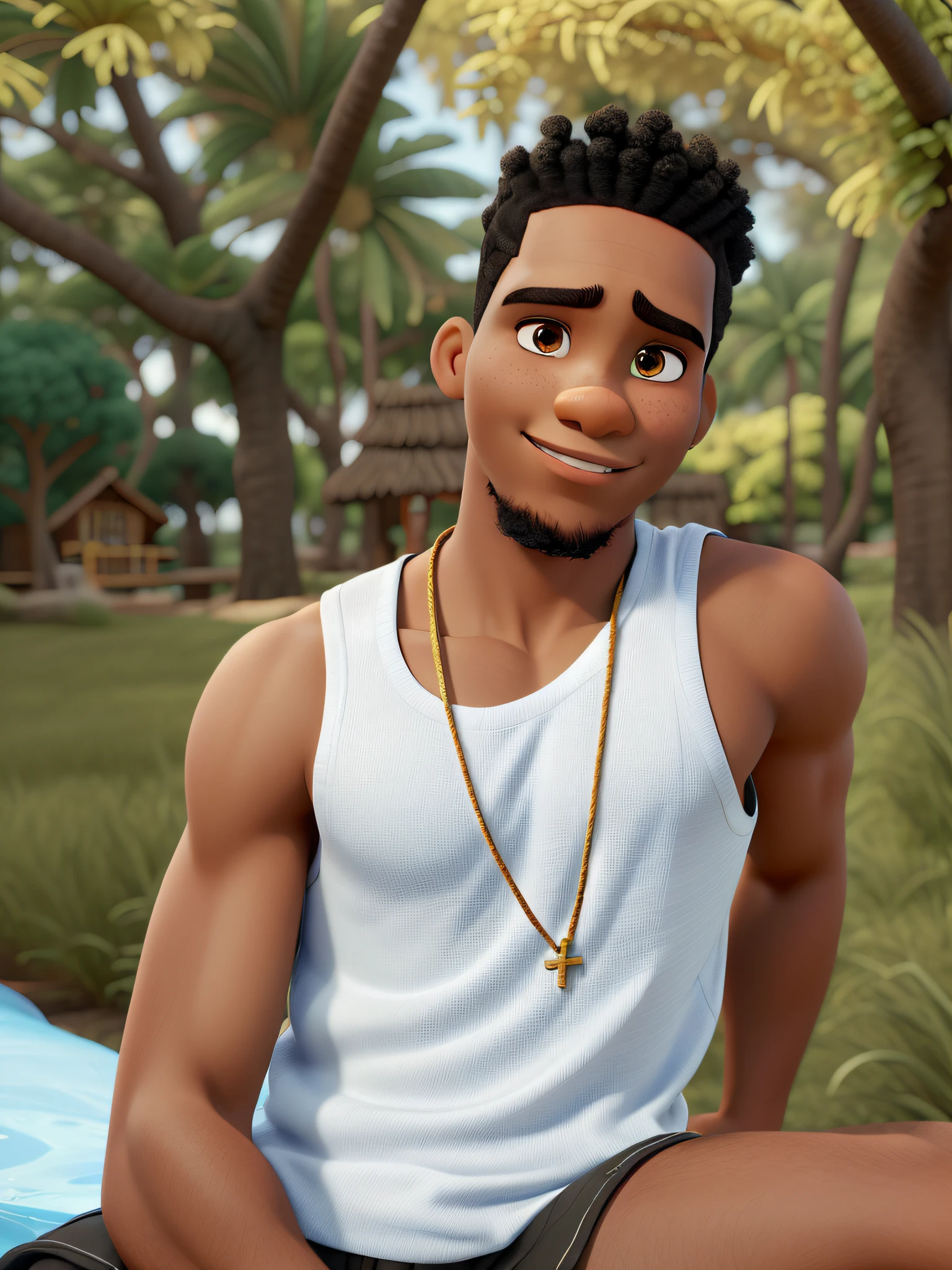 Um garoto negro, cabelo afro cacheado, regata branca, Golden Thin Cord with Cross Pendant, estilo disney pixar, alta qualidade, melhor qualidade