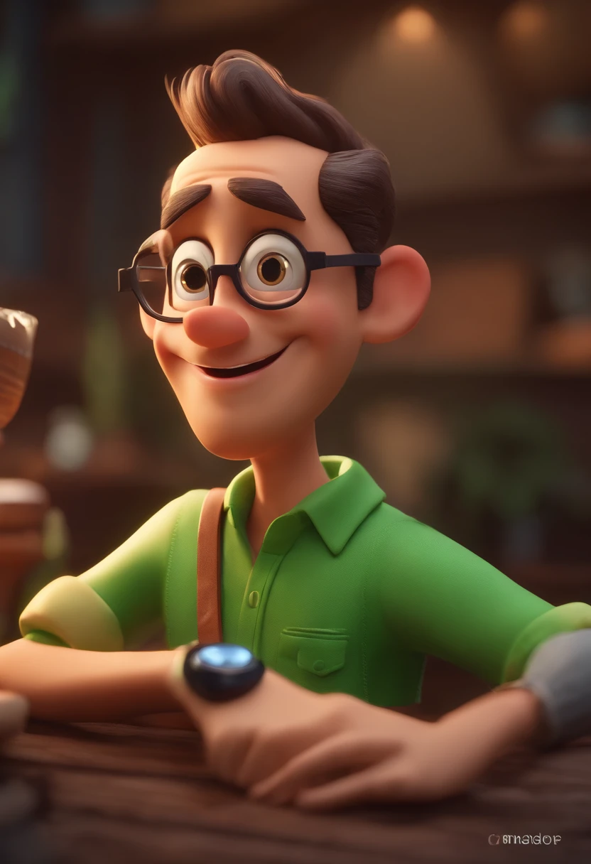 Personagem de desenho animado de um homem, acima do peso, Wearing a short beard with green glasses, e uma camisa Azul escuro, animation character, Caractere estilizado, animation style rendering, 3D estilizado, Arnold Maya render, 3 d render stylized, toon render keyshot, Personagem 3D, Personagem 3D, 3d rendering stylized, 3 d character render, personagem de desenho animado, Personagem de close up, Pose de personagem,  (Estilo Pixar) (master part:1.2) (Bokeh) (best quality) (pele detalhada) (textura detalhada) (8k) (argila) (Cinematic lighting) (foco nítido