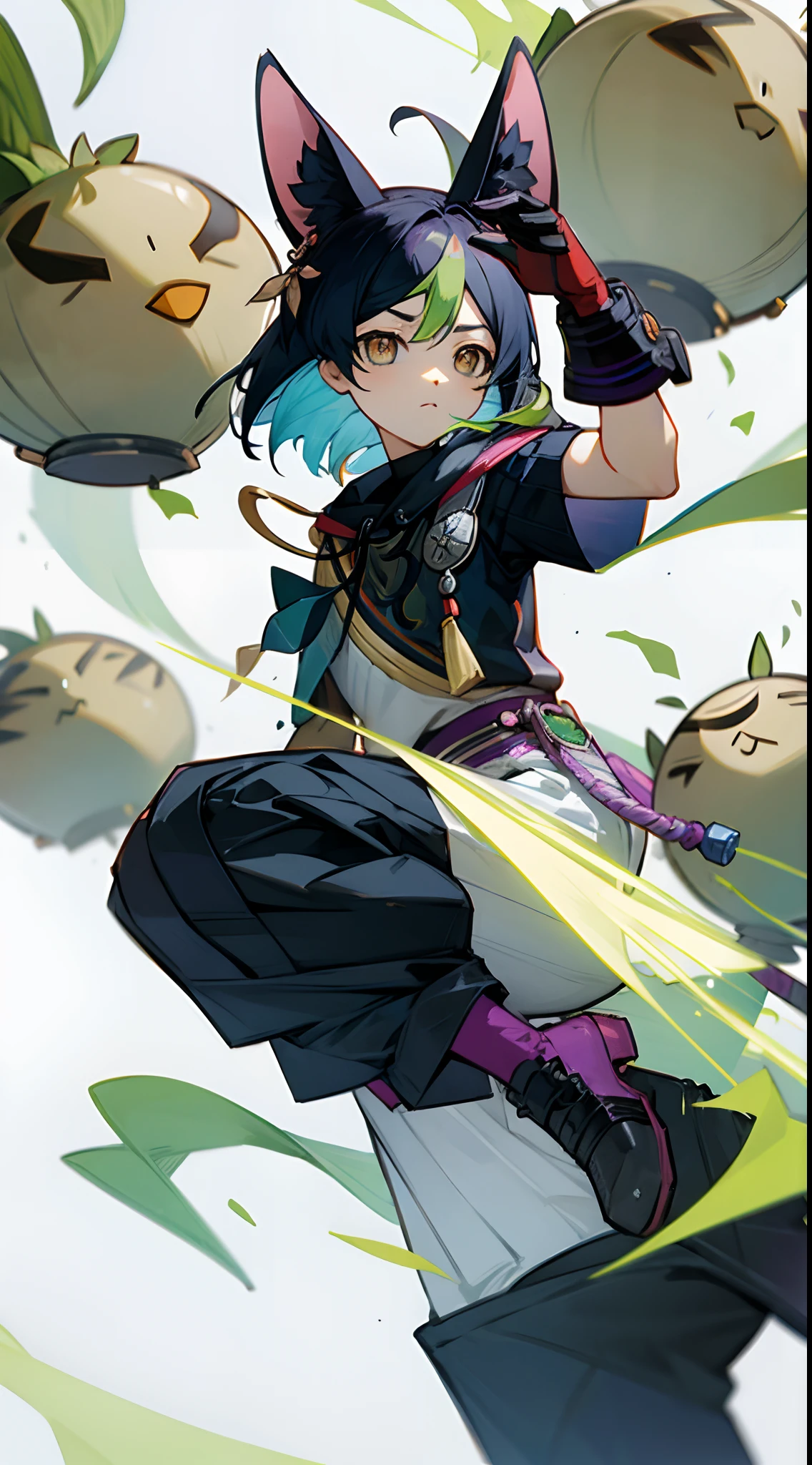 Tighnari front genshin Impact, looking at viewer, white background, long cat ears, holding a charged bow
