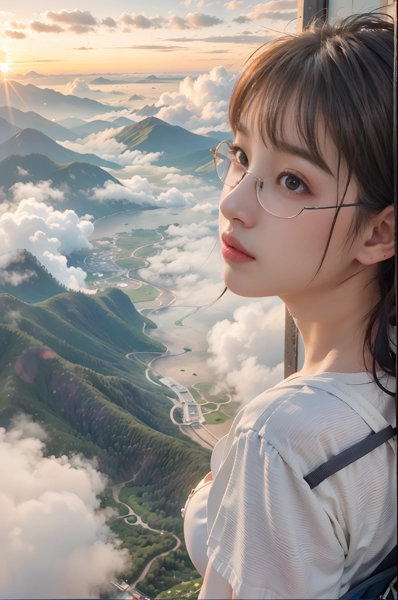 (Best Quality, hyper realistic photography), Magnificent mountain, sea of clouds, Woman watching sunset, selfee, ((Upper body)), white t-shirts, Trekking Shorts, trekking boots, rucksack, (ultra-delicate face, Super Beautiful Maid, Super delicate eyes, Ultra-detailed nose, Ultra detailed mouth, Ultra-detailed facial features), Beautie, 18year old、((Colossal tits))、((You can see the cleavage of your))、(((beauty legs)))、eye glasses