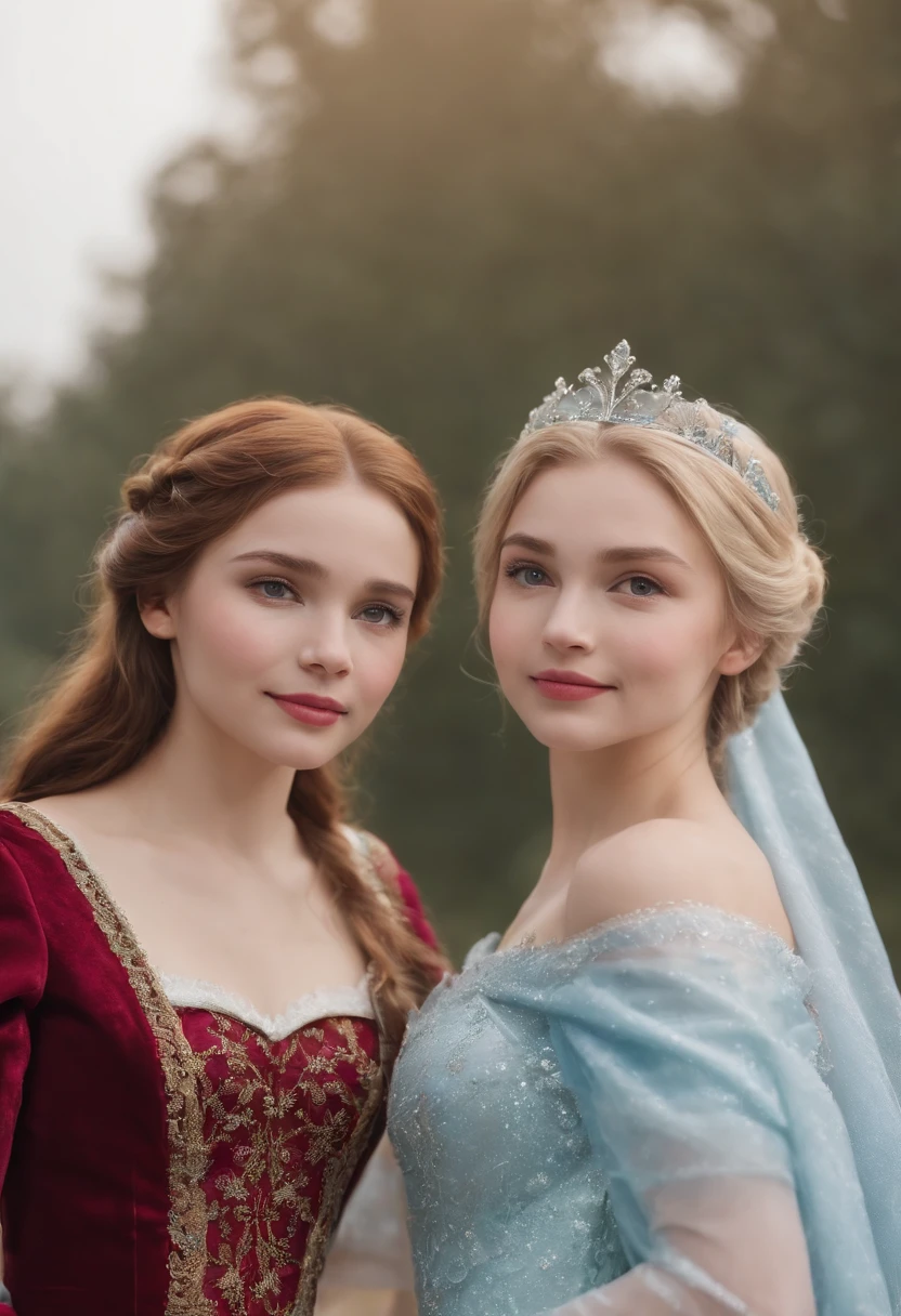 The picture should be 4K HD、Two nice and cute 14 year old girls、The details of the face are exquisite、Dress up as Elsa and Anna from Frozen、Two people are the same height、The background is Disney Castle、Fireworks in the evening、Do not show hands
