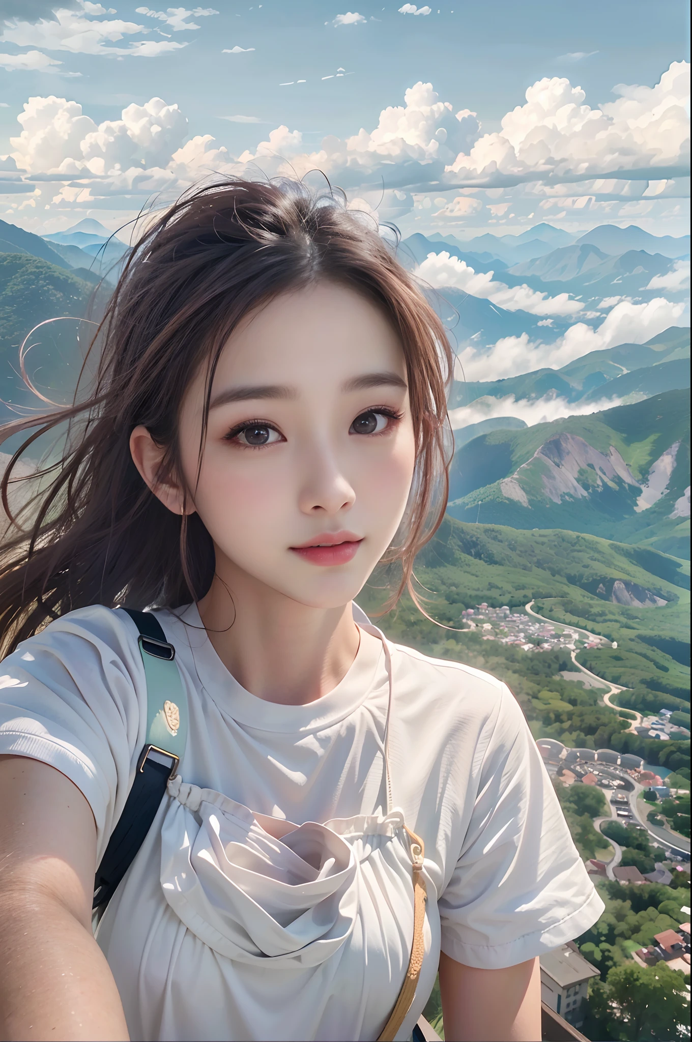(Best Quality, hyper realistic photography), Magnificent mountain, sea of clouds, Woman watching sunset, selfee, ((Upper body)), white t-shirts, Trekking Shorts, trekking boots, rucksack, (ultra-delicate face, Super Beautiful Maid, Super delicate eyes, Ultra-detailed nose, Ultra detailed mouth, Ultra-detailed facial features), Beautie, 18year old、((Colossal tits))、((You can see the cleavage of your))、(((beauty legs)))、eye glasses