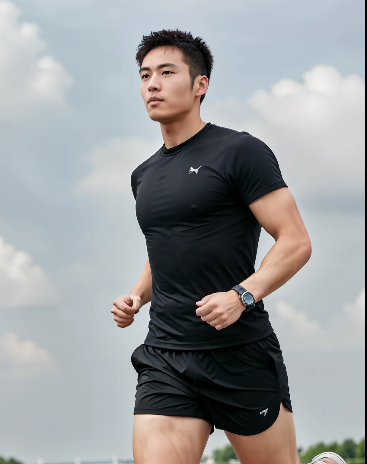 Jogging Man、Sweating、Sky background、Sexy figure、Full body reflection