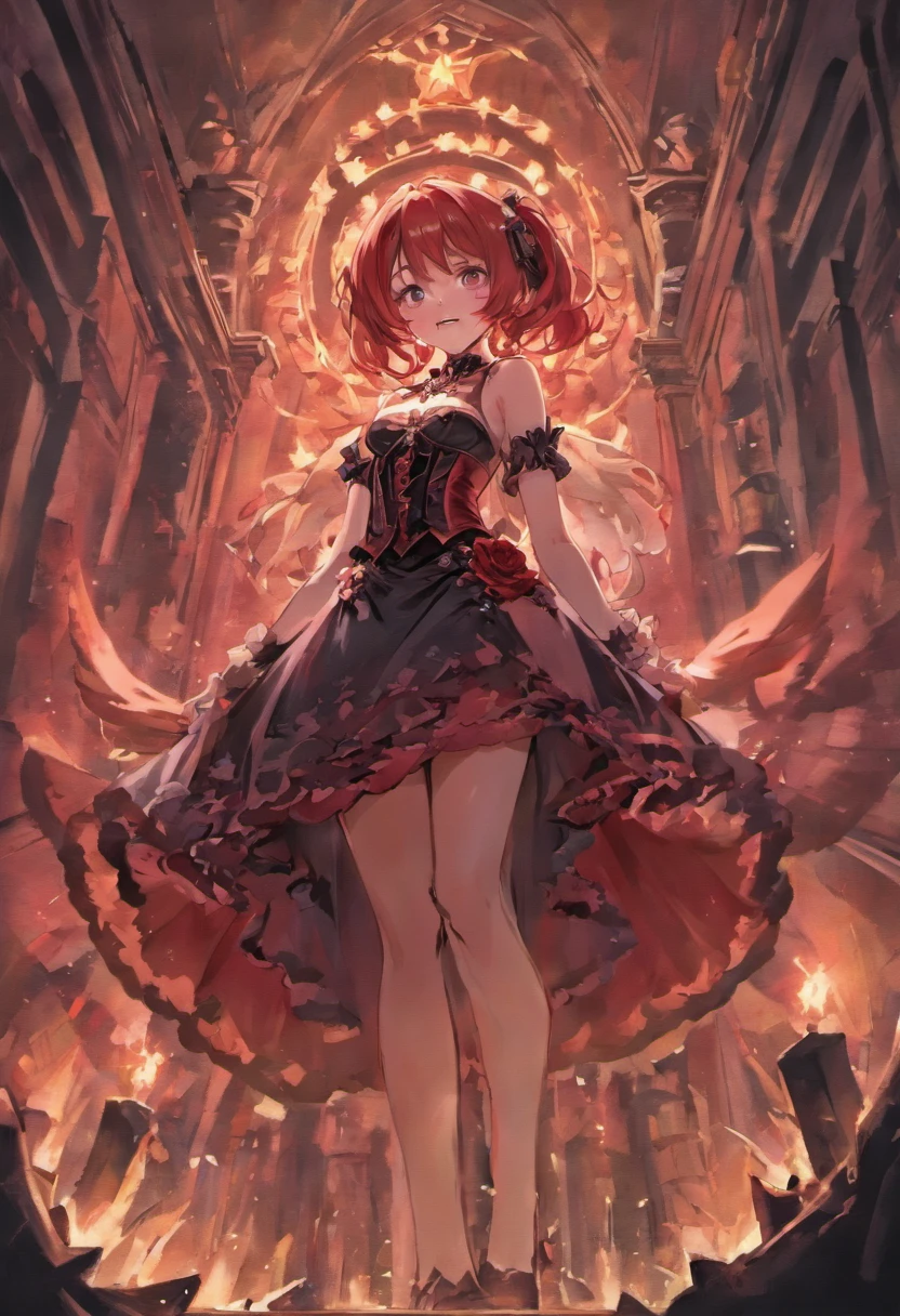 Garoto alto e magro de cabelo longo vermelho, usando um terno com jabot e um corset preto, On top of a grave, Holding a bleeding skull, detalhado, 8k, chorando com um sorriso no rosto