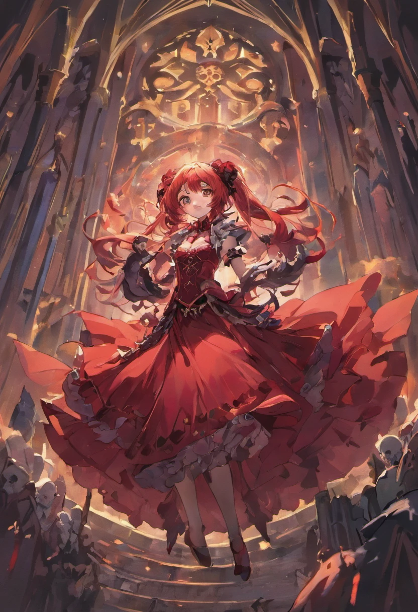 Garoto alto e magro de cabelo longo vermelho, usando um terno com jabot e um corset preto, On top of a grave, Holding a bleeding skull, detalhado, 8k, chorando com um sorriso no rosto
