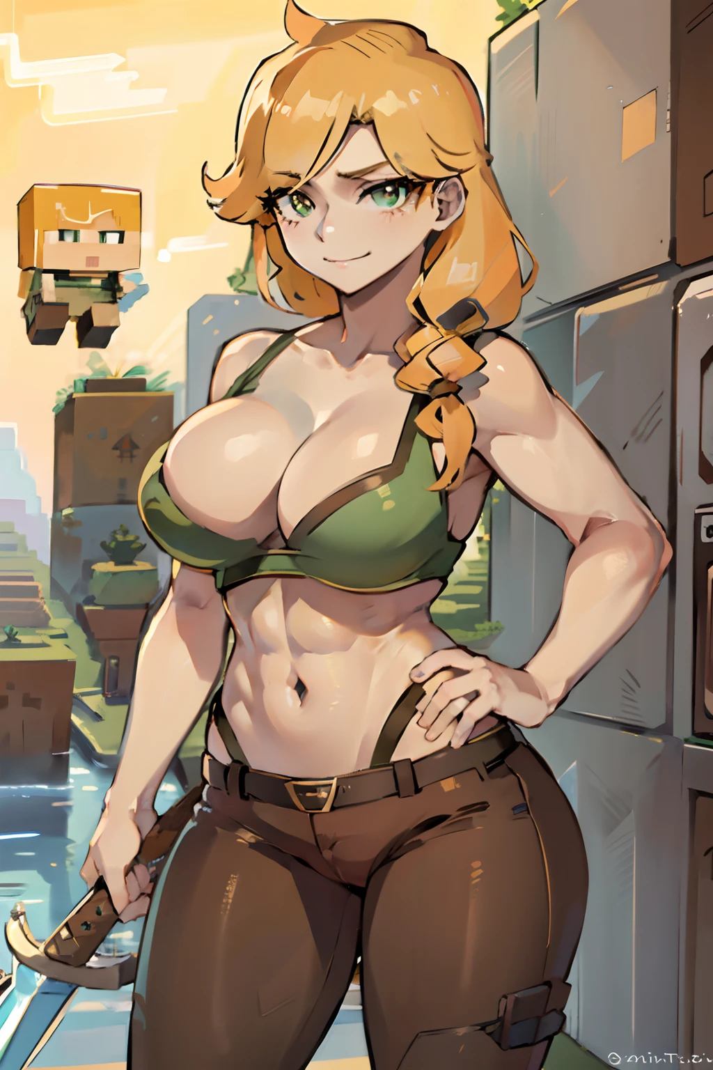 Cute smile, Big breasts, Alex, ((marked pussy)), Minecraft Brown Pants, bra, ((espada de diamante))