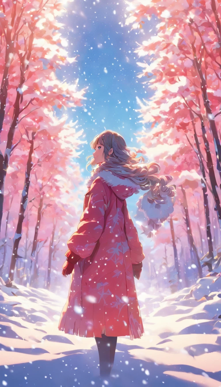 Rear view, with their face not visible.Reaching out.A woman standing in a fantastic snowy landscape。She is depicted in the style of pop art,、Snow is flying in the palms of your hands。Trees covered with snow in the background々Yayama々Spread、There is a fantastic atmosphere in the air。There is light and brilliance around her,、You will feel as if you have wandered into a mysterious world。This work is、It is a piece that expresses the beauty of snow and the elegance of women with pop colors。