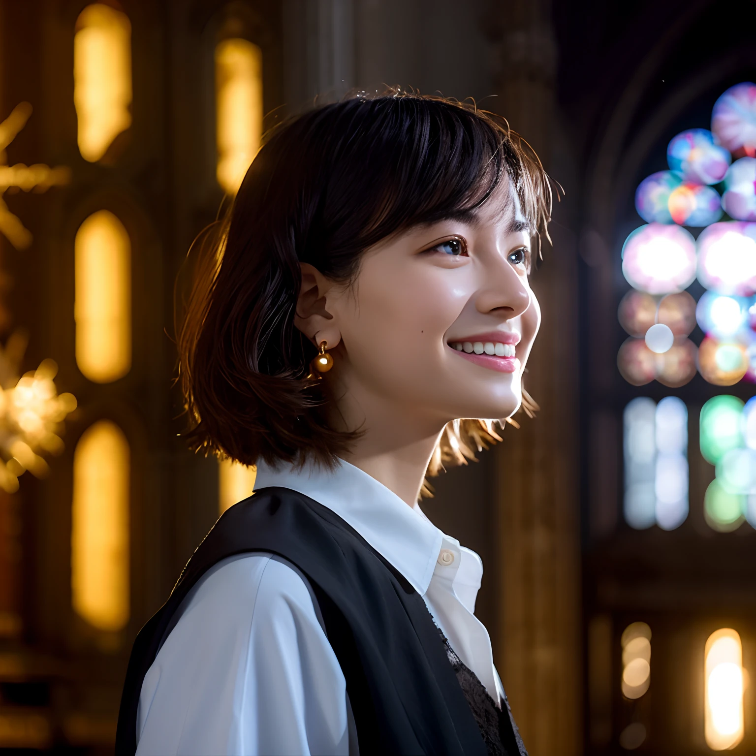 The beauty of 8K raw photos:2.0, short hair,15 years old, great face and dark eyes, stare at the camera, upward glance, big smile:1.6, show teeth, （golden dress:1.2), realistic:1.9, very detailed CG 統合 8k 壁紙, very detailed, High resolution RAW color photos, full body shot, professional photos, Taken in front of the stained glass of the cathedral, girl sexy portrait