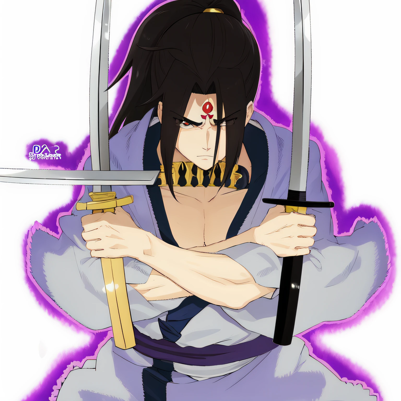 A cartoon image of a man holding two swords in his hands, Twin Swords, dramatic wielding katana pose, empunhando uma katana, com espada grande, Akiyuki Shinbou, anime,altos detalhes, musculos definidos segurando duas espadas, ninja scroll estilo anime, segurando katana, Yuyushiki, dramatic wielding sword pose, espada na boca, musculos muito definidos, veias saltando, estilo santoryu, espada na boca, meia lua preta na testa, anime, 2d