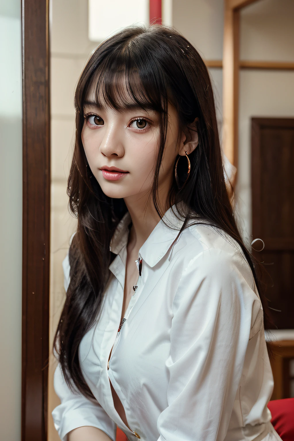 20-year-old Chinese girl,Long black hair,facing at camera,Heterochromatic eyes,paleskin,The chest is slightly straight,Wear a red dress with a crisp white shirt、By bangs、crescent hair ornament、Light green eyes、Ring earrings、ssmile、round corners、POV、foreshortening、cinmatic lighting、Renaissance、4K