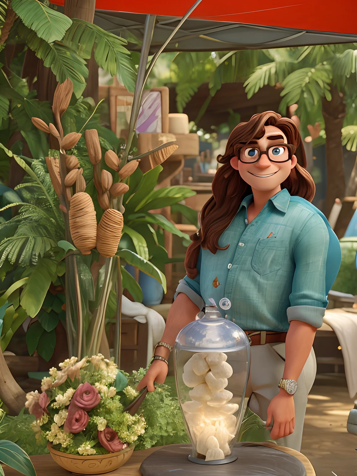 Atlas:1.2, Pixar-style, Realistic, cartoonish, long hair, glasses, smiling, slim.