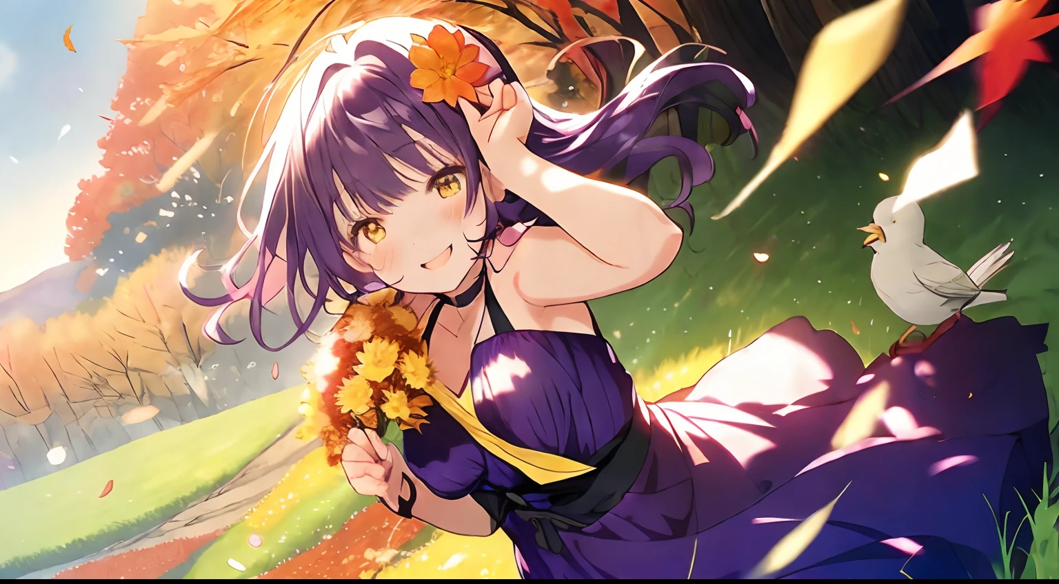 girl with,purple color hair,Yellow eyes,Fluffy dresses,Autumn outfit,Autumn landscape,Colored leaves,Dress Sex,flower field,full of sunlight,Upper Eyes,Smile while blushing,Leaning to the right,Several small birds are flying,Nipples are see-through,