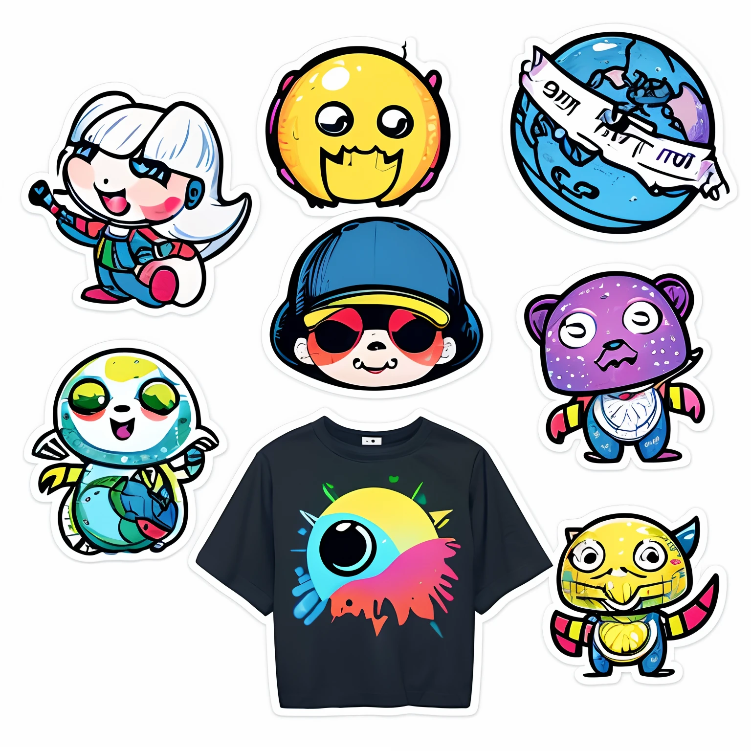 a sticker、Graphics that make you want to make it into a t-shirt、sticker design、Stickers only、an alien、pop music、colourfull、Cute、cool、Background: Plain white、without background、from the front side