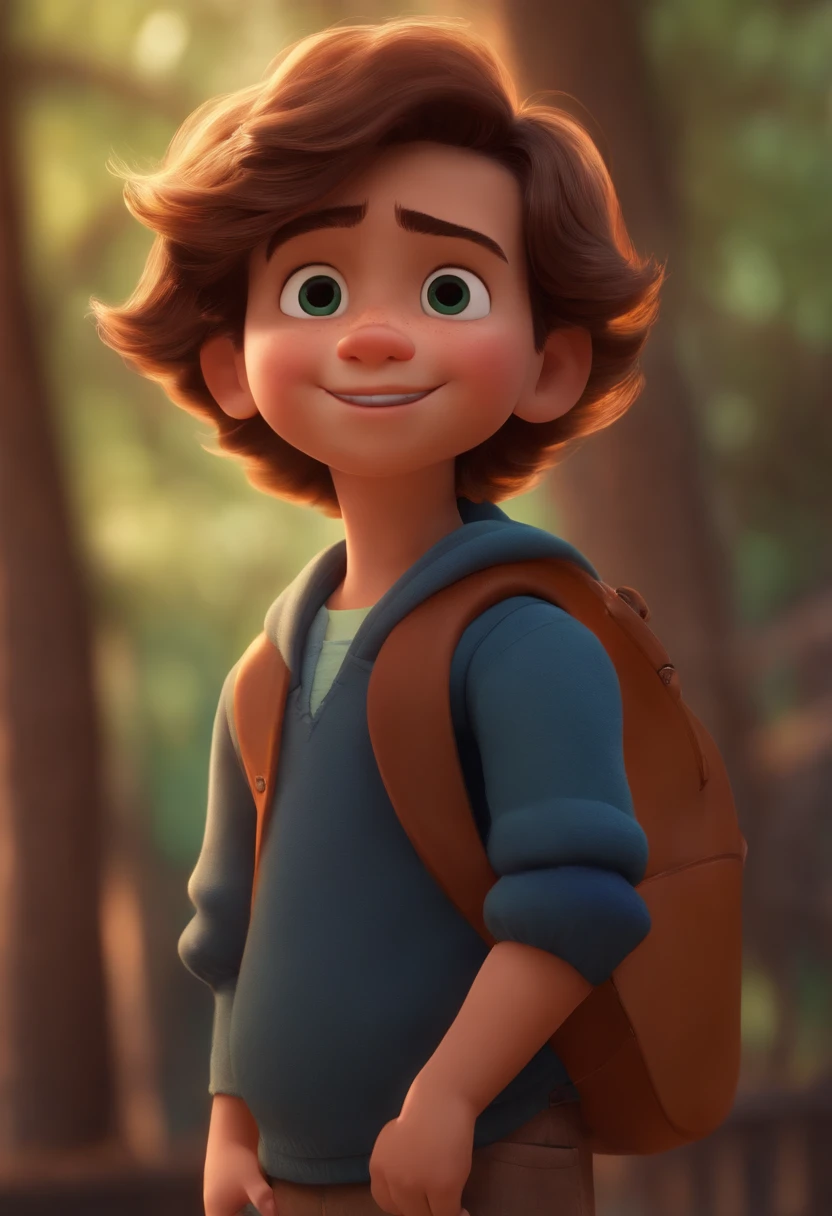Image of a boy for a story in a YouTube video in Pixar format, He's the allabester, He's the class leader, He's outgoing, Playful and gets up for a lot of things, cabelo curto