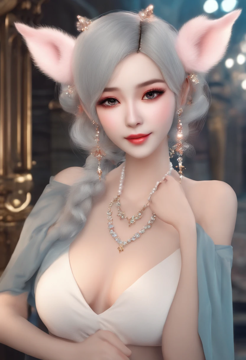 hair bobbles, wince, longeyelashes, solid circle eyes, fake animal ears, light smile, ear blush, fang, Surrealism, drop shadow, anaglyph, stereogram, tachi-e, pov, atmospheric perspective, 8k, super detail, ccurate, best quality