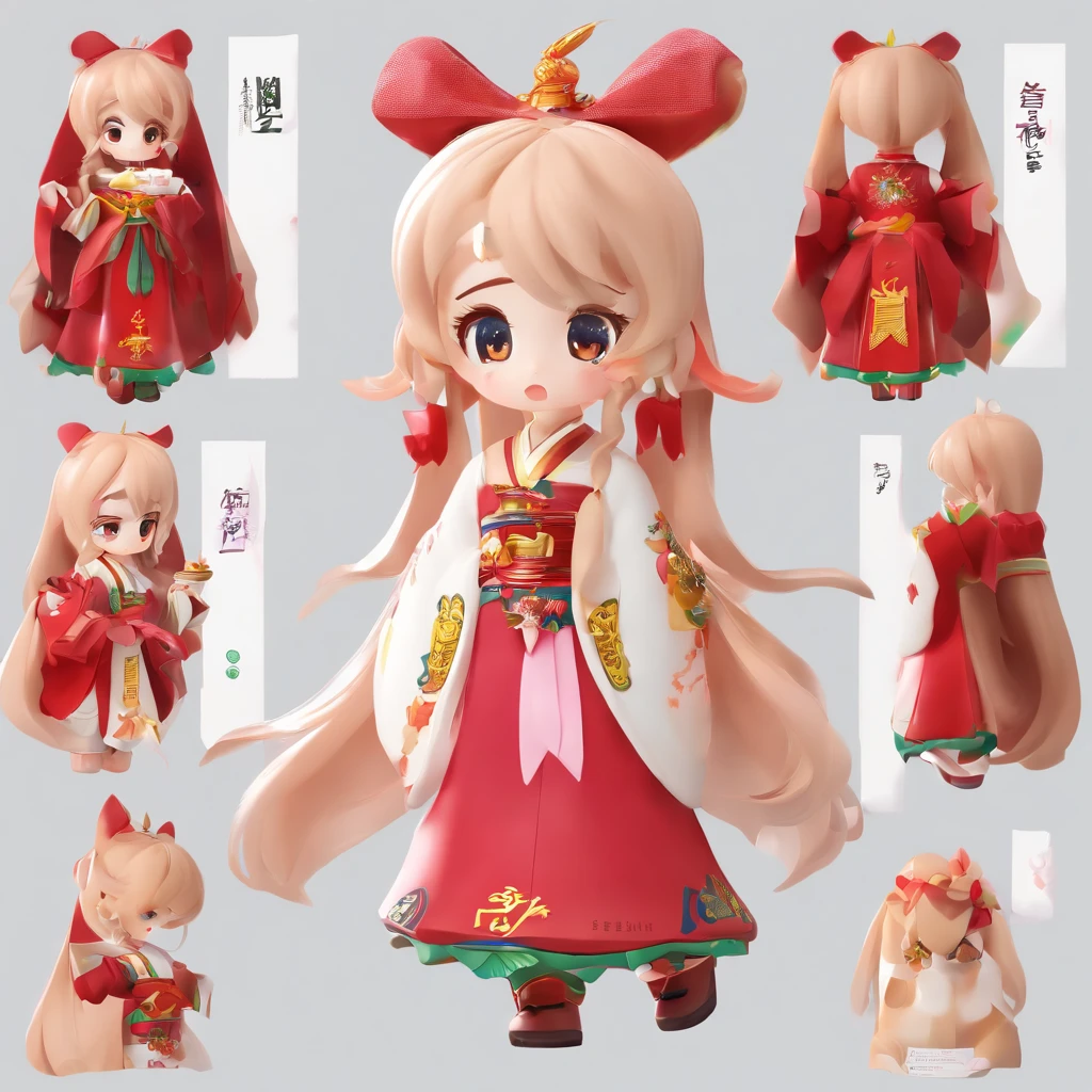 super cute girl IP by pop mart, Bright eyes, a blind box toy, Glossy and delicate,Clean background, Good gloss, 3D rendering of,Best Quality 1 Girl,(China-style:1.5),Hanfu,Red clothes,long whitr hair,double tails,boots,Blushlush,with her mouth open,hair adornments,white backgrounid,独奏,teruterubouzu,Very long hair,longer sleeves,Low Twin Tails,Bow knot,By bangs,ssmile,黑The eye,full bodyesbian,:d,Gold footwear,White background,standing on your feet,Lotus hair ornaments,hair bow,Hold,brunette color hair,hair flower,A diamond-shaped golden eyebrow mole
