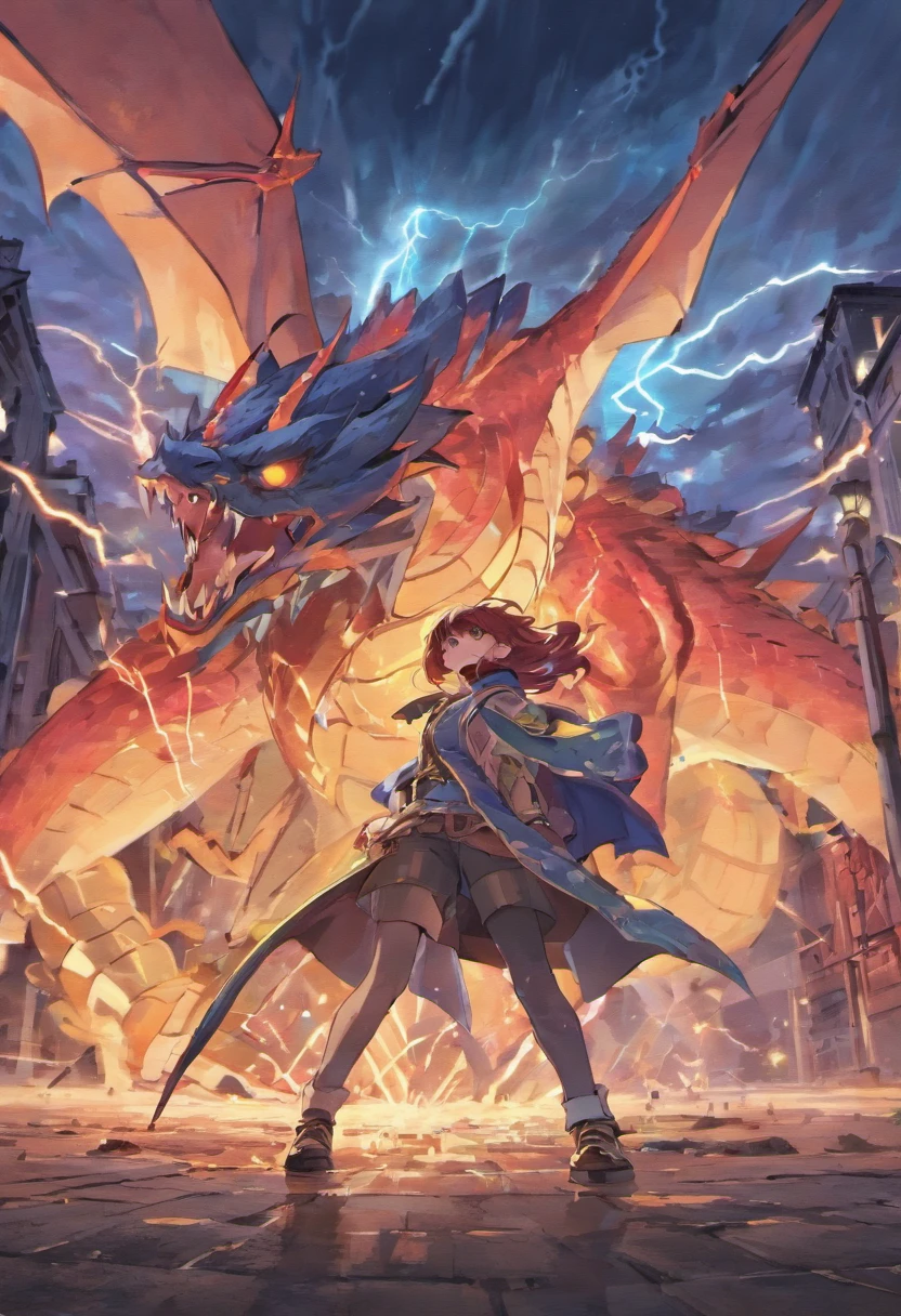 comic strip,A boy who controls thunder and lightning,A Western dragon monster,They are at war,The background is the city