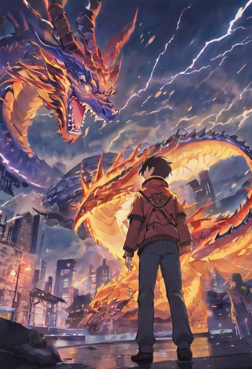 comic strip,A boy who controls thunder and lightning,A Western dragon monster,They are at war,The background is the city