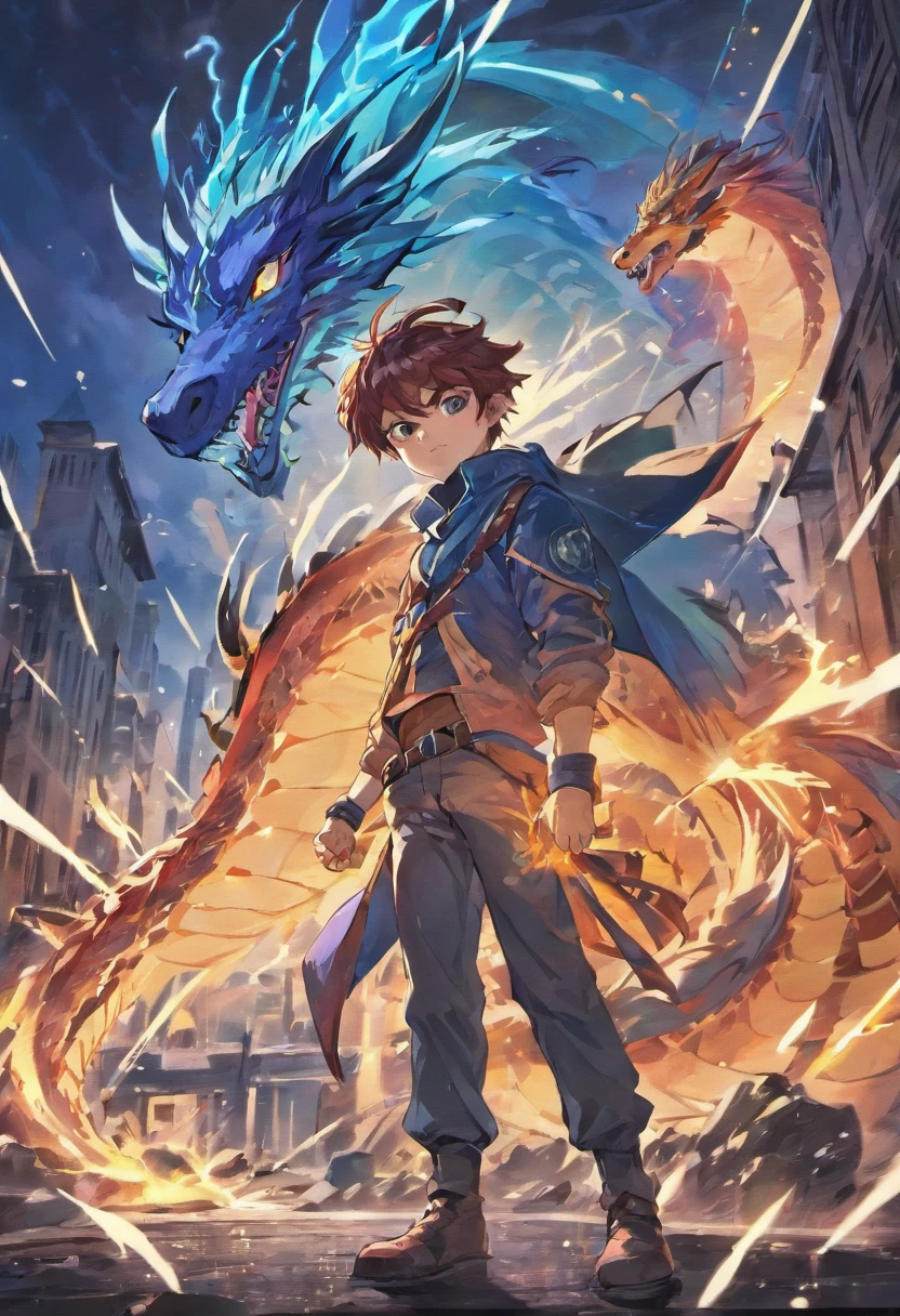 comic strip,A boy who controls thunder and lightning,A Western dragon monster,They are at war,The background is the city