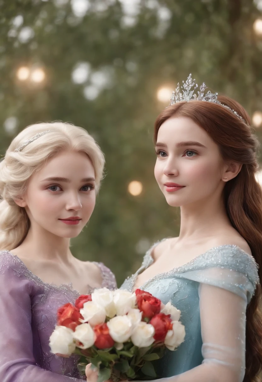 The picture should be 4K HD、Two nice and cute 14 year old girls、The details of the face are exquisite、Dress up as Elsa and Anna from Frozen、Two people are the same height、In the Disney Castle、There are ceremonial flowers、Do not show hands