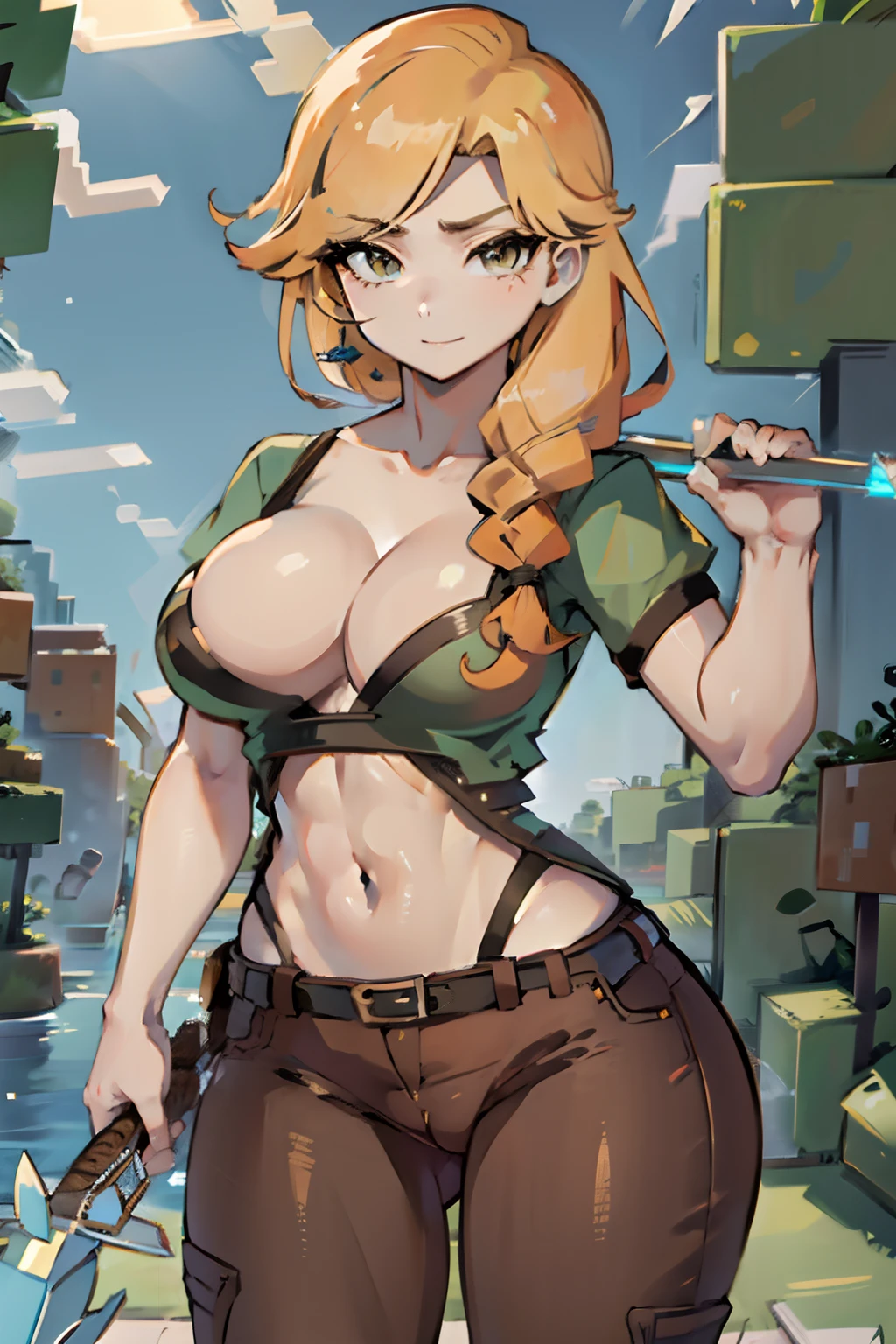 Cute smile, Big breasts, Alex, ((marked pussy)), Minecraft Brown Pants, bra, ((espada de diamante))