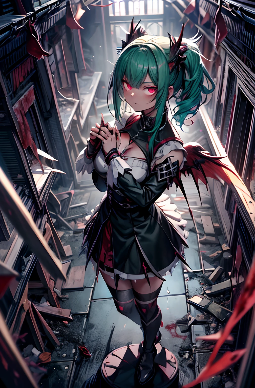 from above、horor、in isekai、Dynamic、Acrobatic、full body Esbian、crosses、Goth Punk、Longhaire、Twin-tailed、dishevled hair、long、Blunt bangs、Ahegao ( Silly / Sexual ecstasy)、dead body、Blood everywhere、blood splashing、dark hue、Red hue、maid、Green hair、