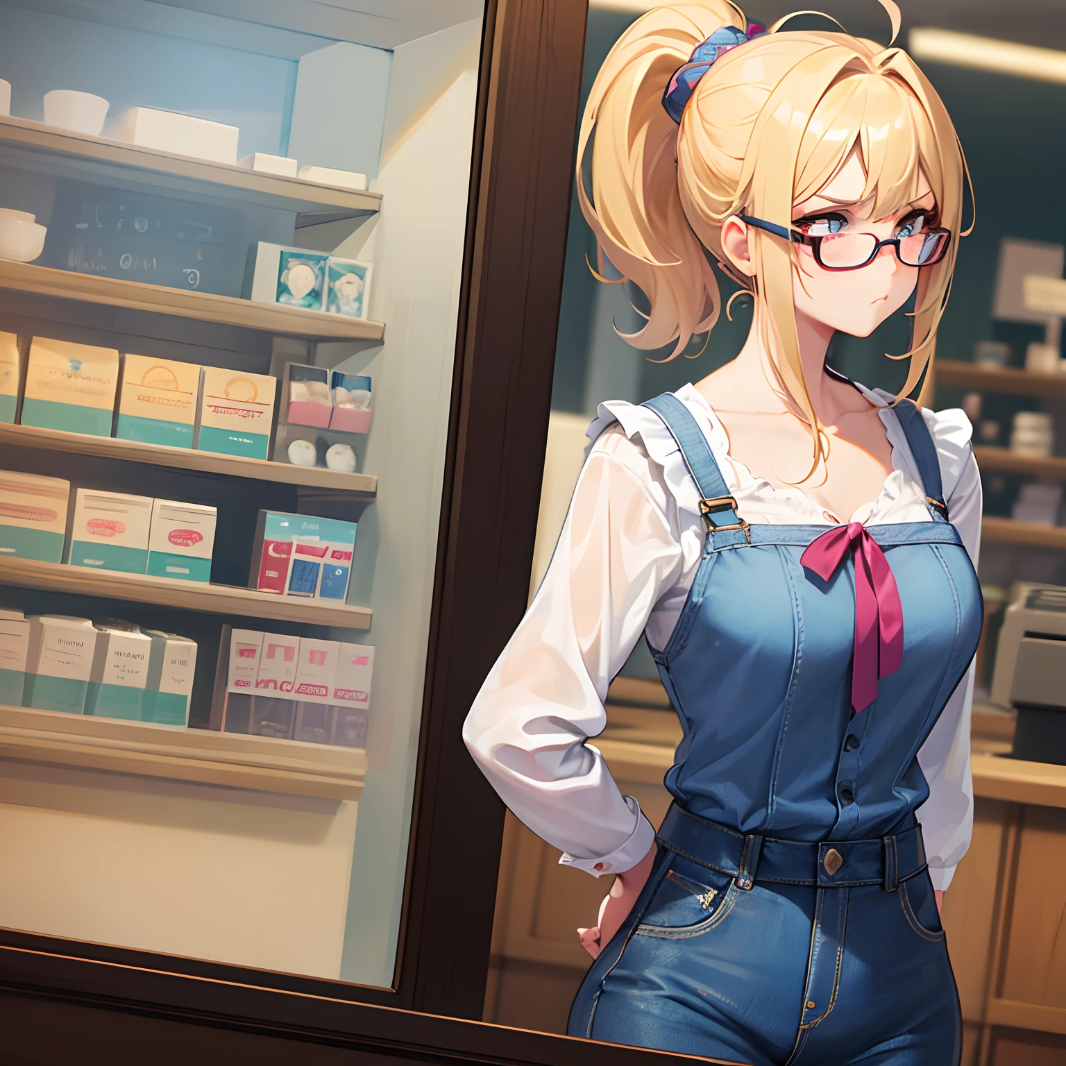 1girl, solo, woman in her 30s, annoying looking woman, blue frame glasses. blonde hair in a ponytail, pouting face, arms crossed, closeup, light yellow blouse, red jeans, large bust, standing infront of a store counter