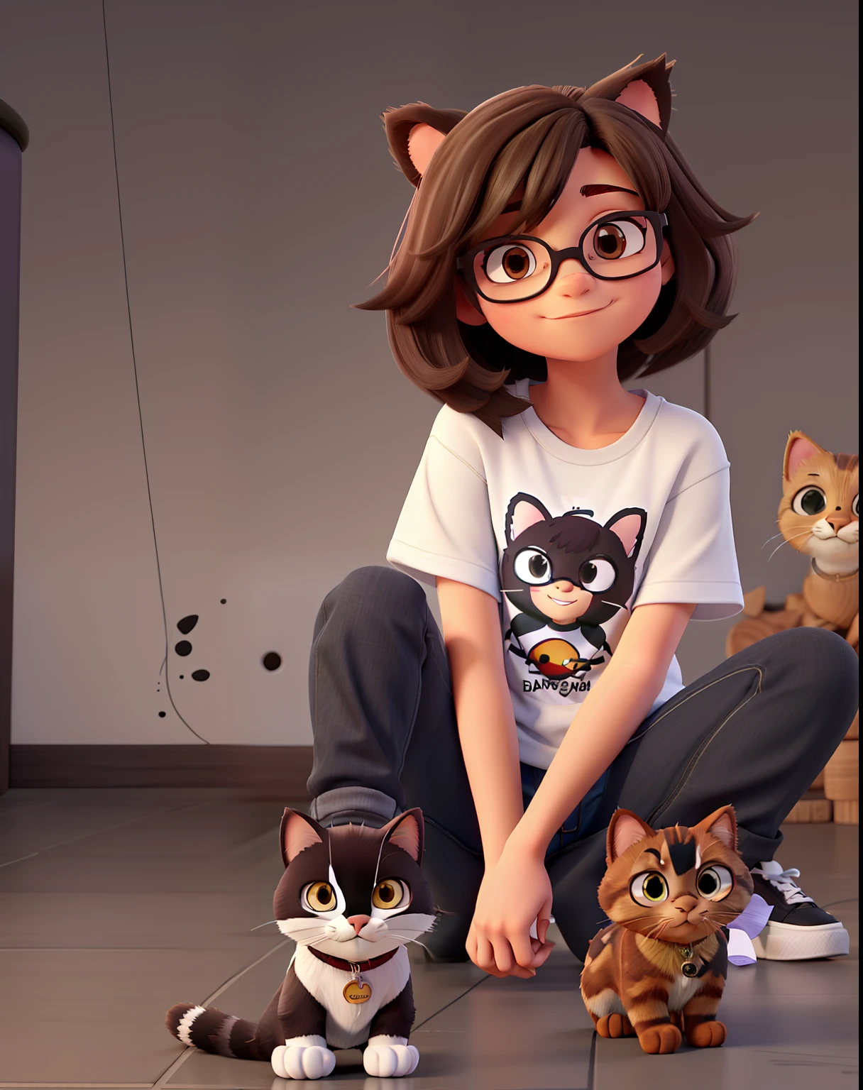 personagem dos desenhos animados de uma , com cabelos pretos e longos, com franja, dark brown eyes with black glasses, Black Allstar Jeans and Sneakers, vestindo uma camiseta com um gato desenhado nela, sentada no gramado, com um gato preto ao lado dela