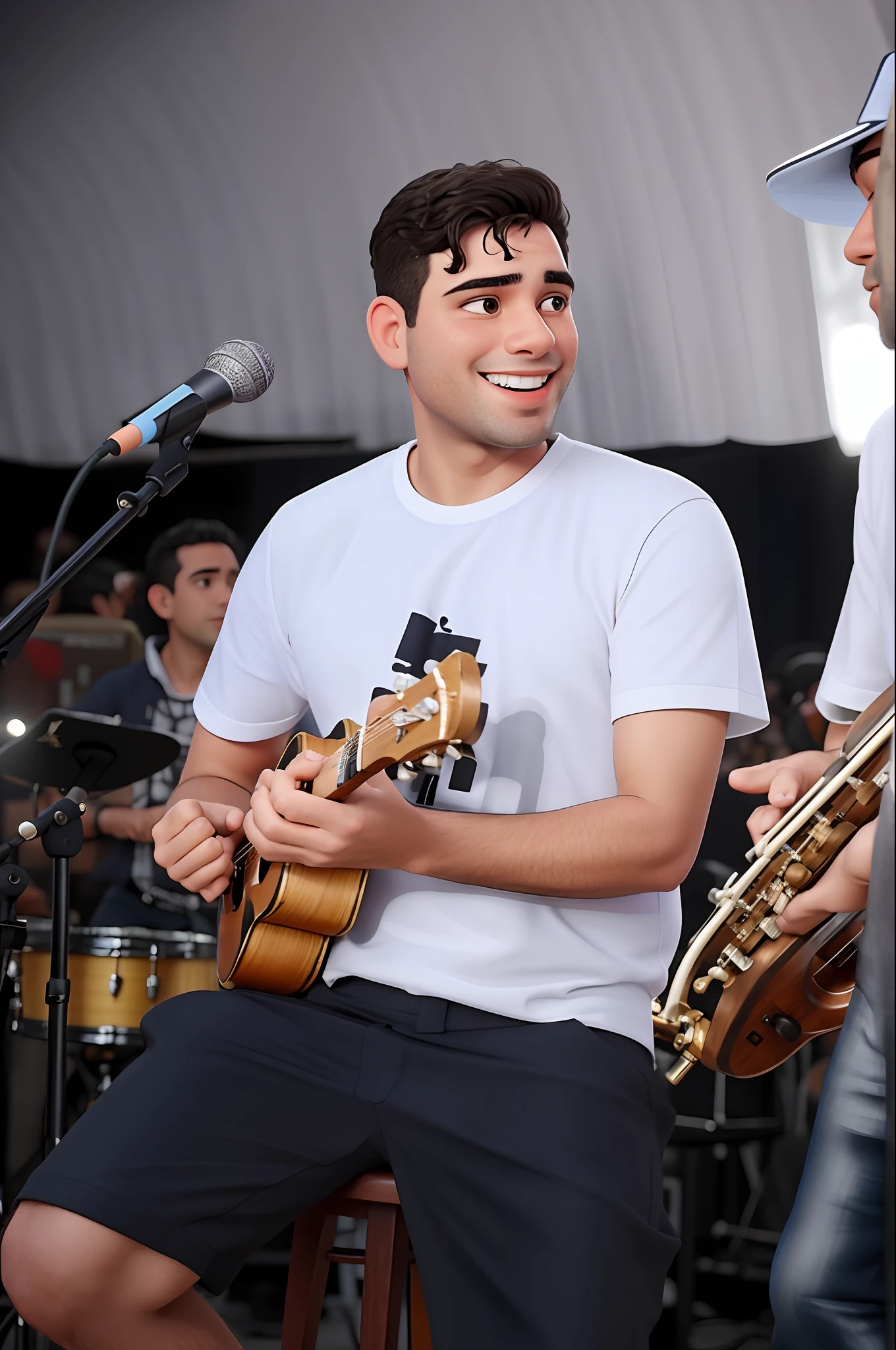 They're playing music together on stage with a microphone, musicians playing instruments, caio santos, musician, Directed by: Nandor Soldier, edu souza, Apresentando-se no palco, Tocando bandolim, instrumento, Amr Elshamy, tocando guitarra no palco, live performance, banda tocando instrumentoos, banda tocando, is playing a lute, Beto Val, david rios ferreira