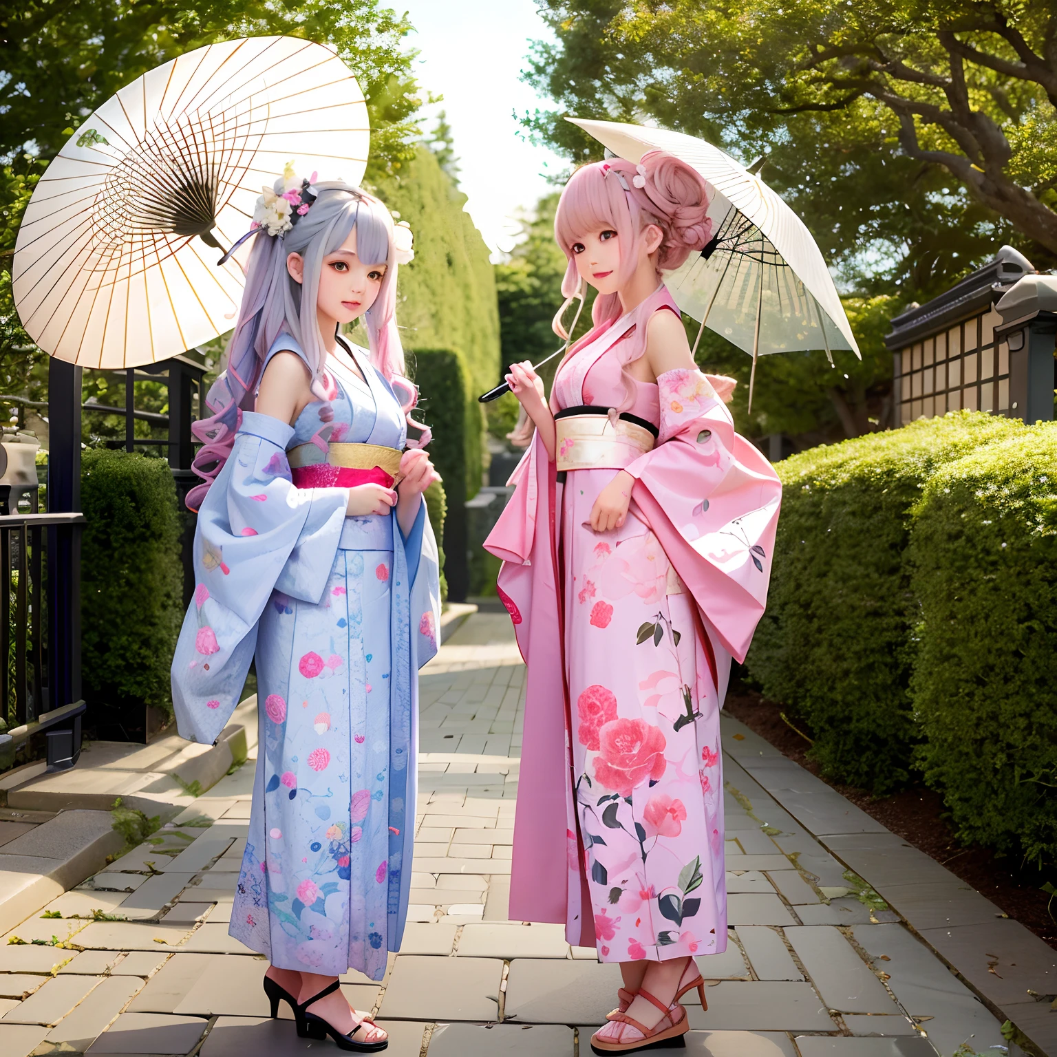 Two girls with full body、Pink curly hair、Silvery hair、Curly hair、floral headband、Courtyard of the mansion、Gorgeous kimono、off shoulders、Holding a parasol、Japan anime-style odd-eye,