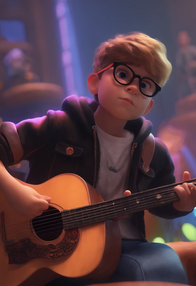 Image of a boy for a story in a YouTube video in Pixar format, He wears glasses, ele usa uma touca, He's using a guitar, He's wearing a black outfit