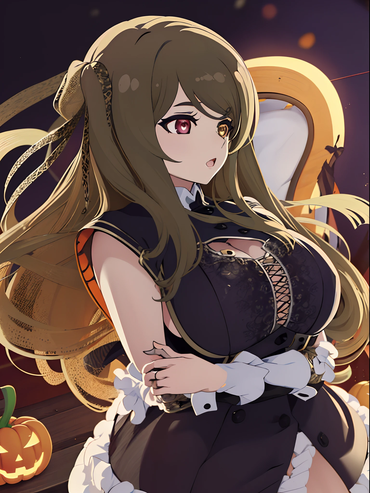 masterpiece, best quality, absurdres , perfect anatomy , Kuo Shenlin ,long hair, bright hair color,1girl,(((busty))),Lace ,heart shaped pupils, Lustrous skin, Dramatic light, Halloween
