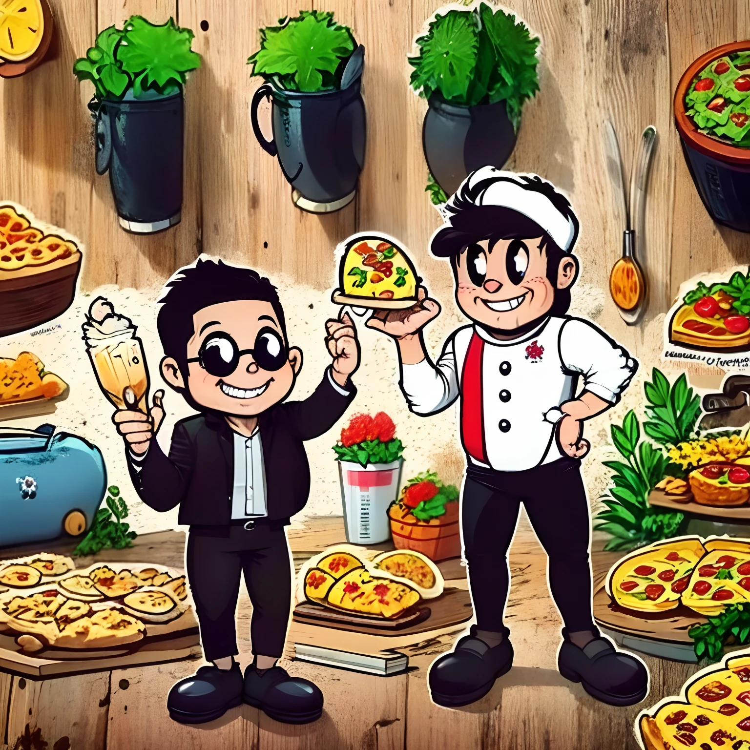 Chef pizzaiolo comendo uma pizza. Vestindo Avental vermelho com borda verde, Black pants and black shoes, cabelos curtos e preto, Pizzaiolo chef's hat, ele deve estar sorrindo satisfeito bochechas coradas,