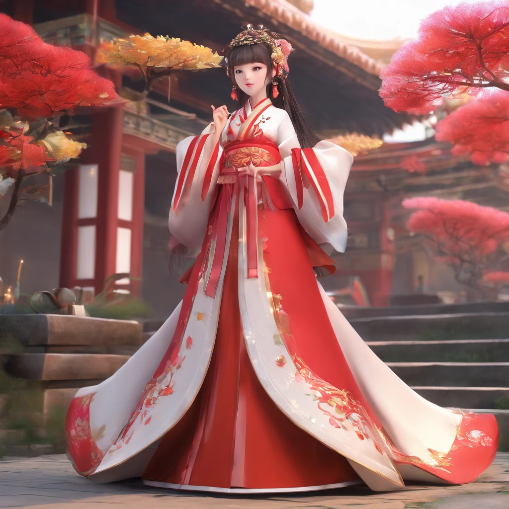 bit girl,(China-style:1.5),Hanfu,Red clothes,long whitr hair,double tails,boots,Blushlush,with her mouth open,hair adornments,white backgrounid,独奏,teruterubouzu,longer sleeves,Low Twin Tails,Bow knot,By bangs,ssmile,黑The eye,full bodyesbian,:d,snail,red footwear,White background,standing on your feet,Lotus hair ornaments,hair bow,Hold,brunette color hair,hair flower,Golden diamond-shaped eyebrow mole