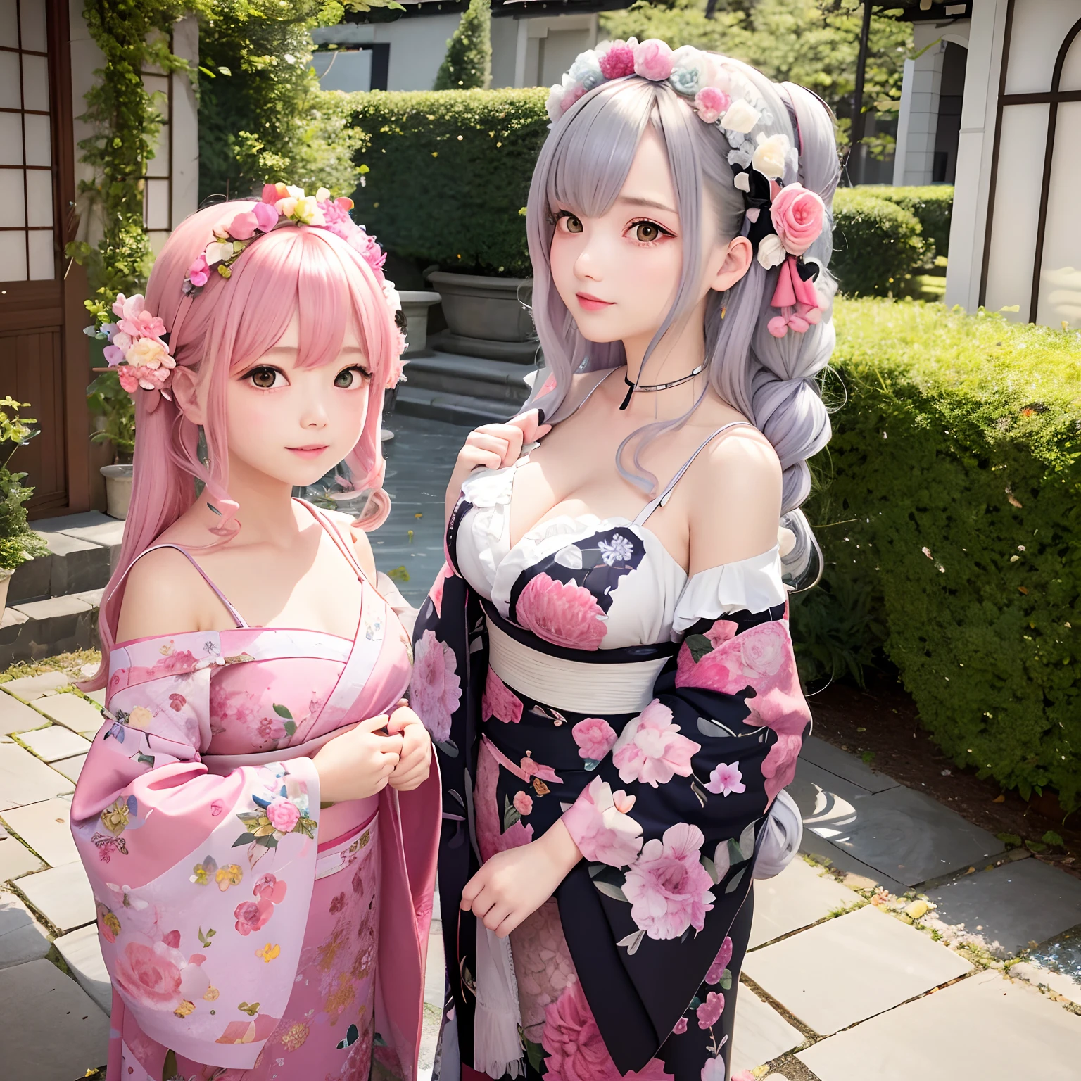The upper part of the body、女の子1人、A pink-haired、Bun hair、mansion、Purple Eye、Gorgeous lace kimono、off shoulders、Holding a parasol、Japan anime-style odd-eye, rain falling