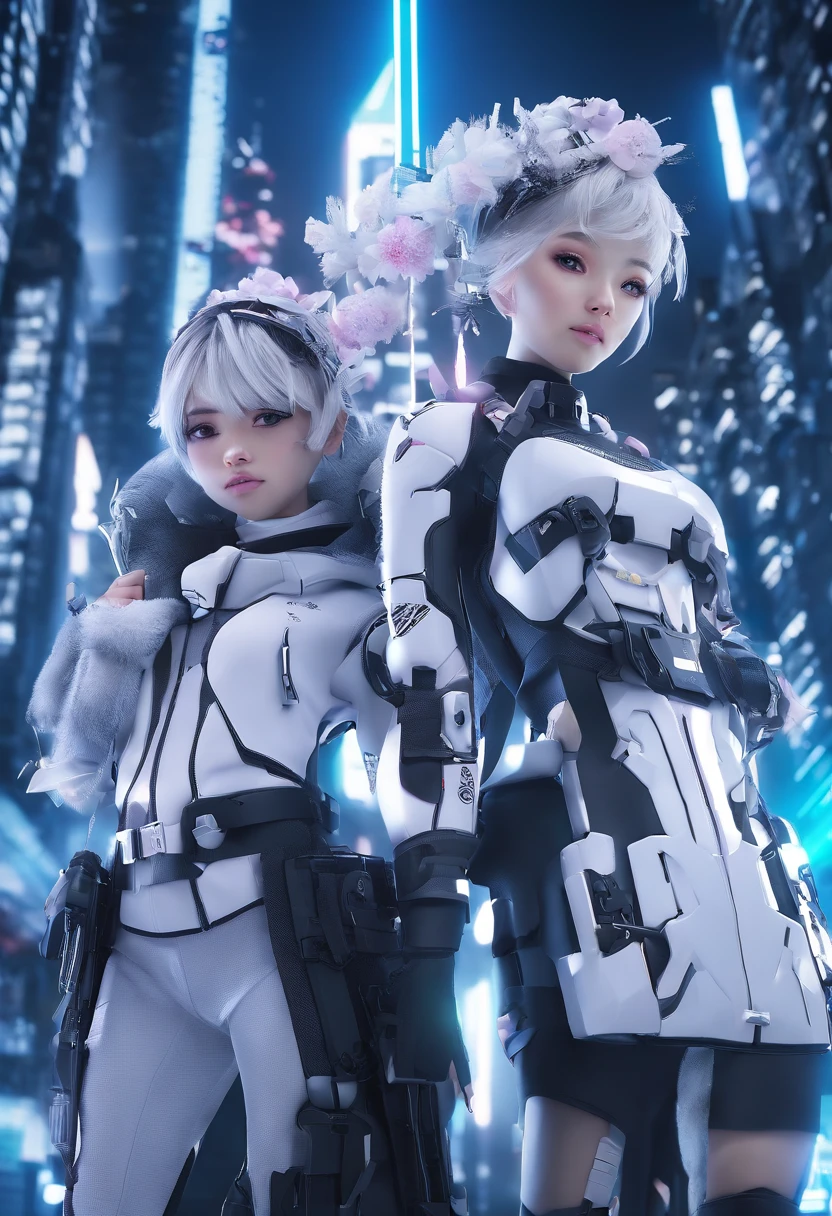 The picture should be 4K HD、Two nice and cute girls、The details of the face are exquisite、Dress up as Elsa and Anna from Frozen、Two people are the same height、In the Disney Castle、Flowers、Do not show hands