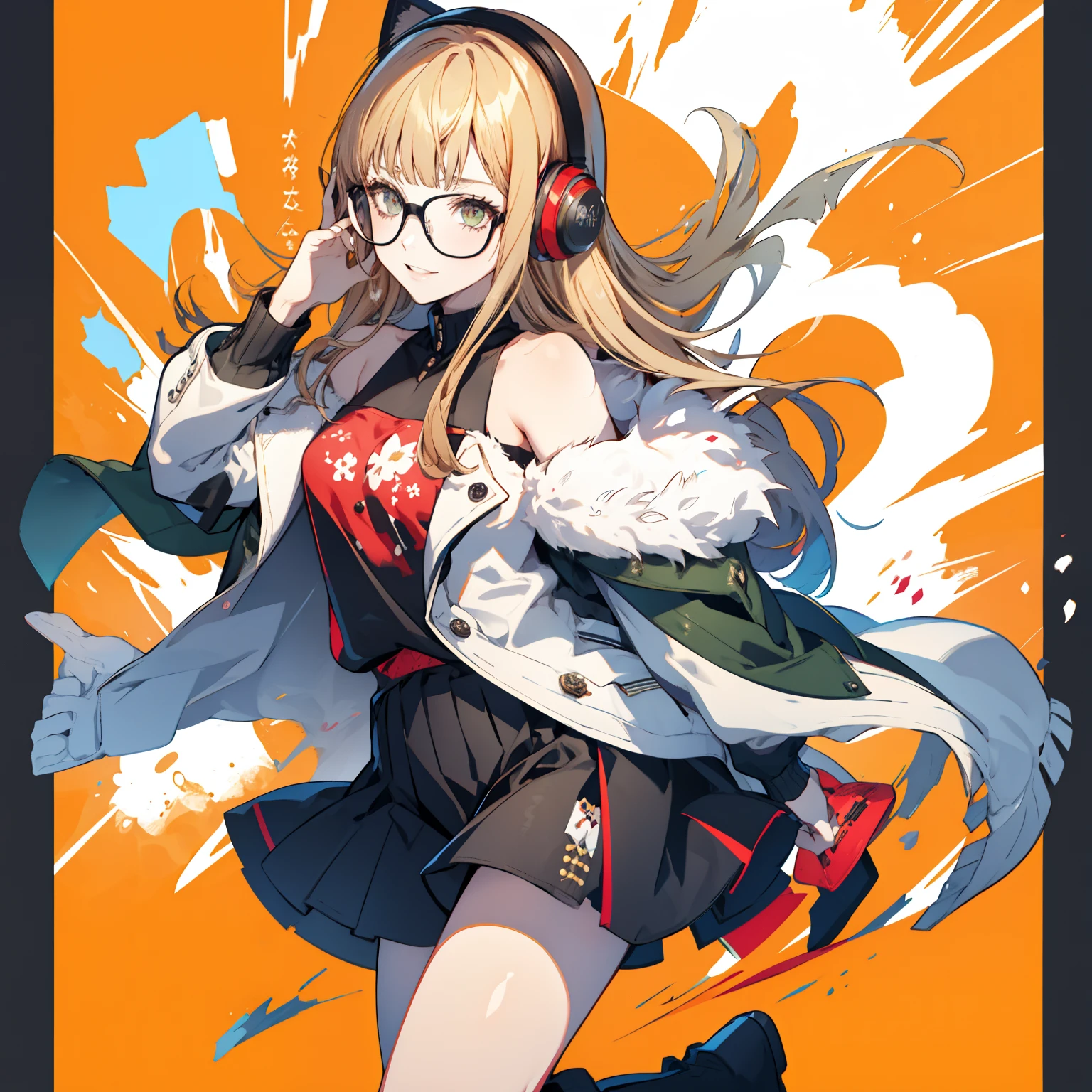 masutepiece, Best Quality, hight resolution,
1girl in, futaba sakura, Blunt bangs, Glasses, black-framed eyewear, Ahoge, Small breasts,
Glasses,  headphones, behind-the-head headphones, White shirt, Jacket, off shoulders, Fur trim, fur-trimmed jacket,  Green jacket, Shorts, thighs thighs thighs thighs, long boots,
 Cowboy Shot,the golden hour,A smile that showed teeth、1black cat