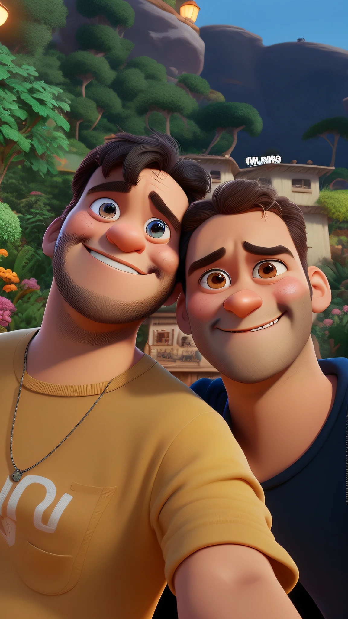 Dois homens posam para uma foto em frente a uma montanha, animation movie still, animated film, disney render, animation film, Disney fotorrealista, pixar retrato 8 k foto, retrato pixar, animado ainda, Arte Oficial, Estilo dos desenhos animados da Pixar, estilo de arte disney, imagem promocional do filme, estilo pixar dos desenhos animados, siblings, estilo de arte dos desenhos animados, arte dos desenhos animados, pixar rendering