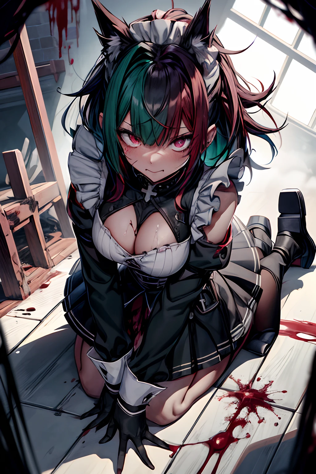 from above、horor、in isekai、Dynamic、Acrobatic、full body Esbian、crosses、Goth Punk、Longhaire、Twin-tailed、dishevled hair、long、Blunt bangs、Ahegao ( Silly / Sexual ecstasy)、dead body、Blood everywhere、blood splashing、dark hue、Red hue、maid、Green hair、