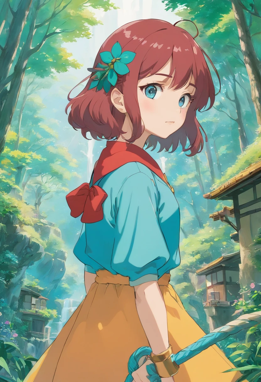 uma menina usando um colar de anime, um colar longo e brincos, no estilo de paisagens de jardim tranquilas, animated color photos, Masami Teraoka, aquamarine, Paulo Gauguin, Estilo Embry, retrato honesto