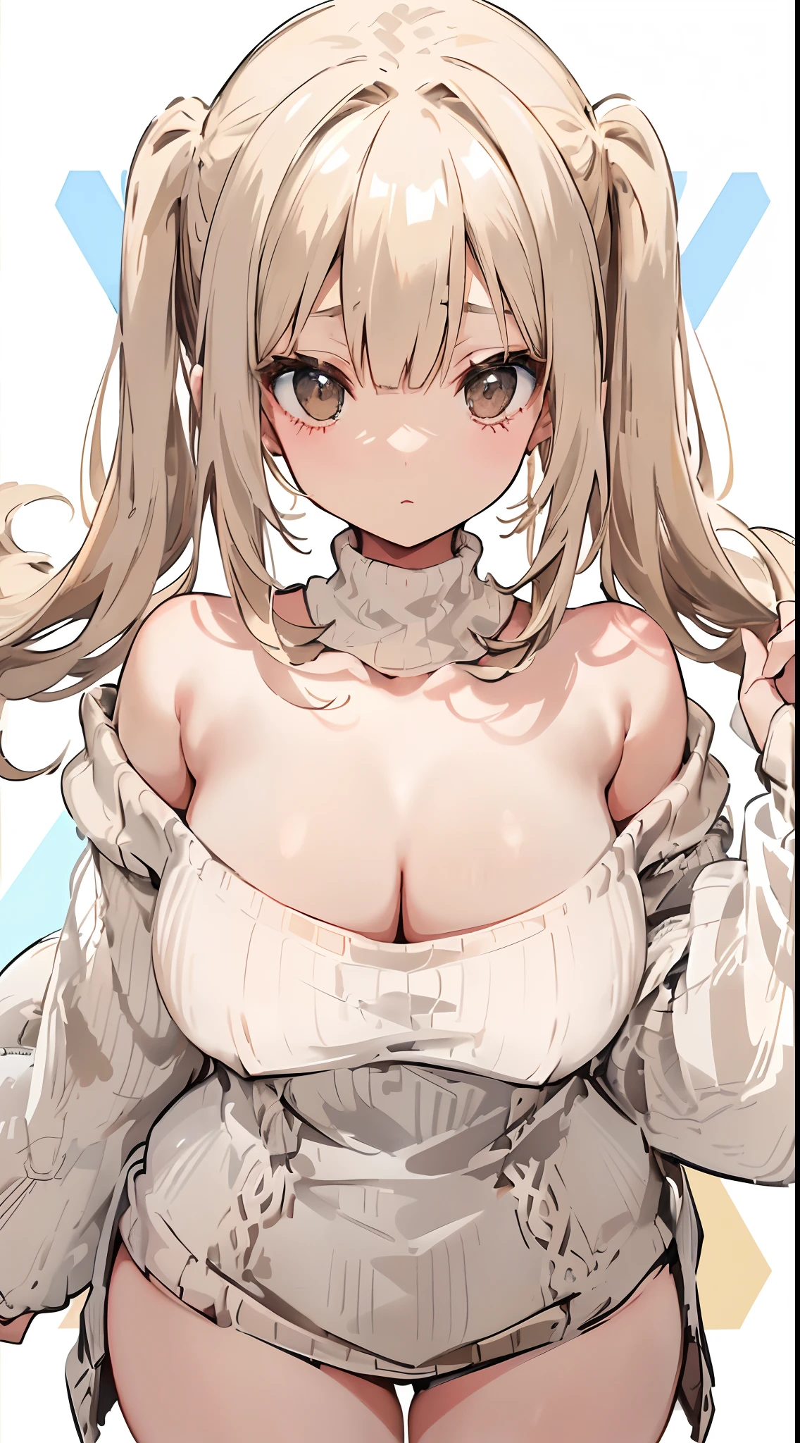 女の子 1 人、top-quality、((Longhaire、off shoulders、Off-arm、bbw、Beige hair color、knitted sweater、highleg、white backgrounid、Close-up from chest up、facing front、symmetry))、symmetry、A MILF、thick thighs、facing front、looking-down