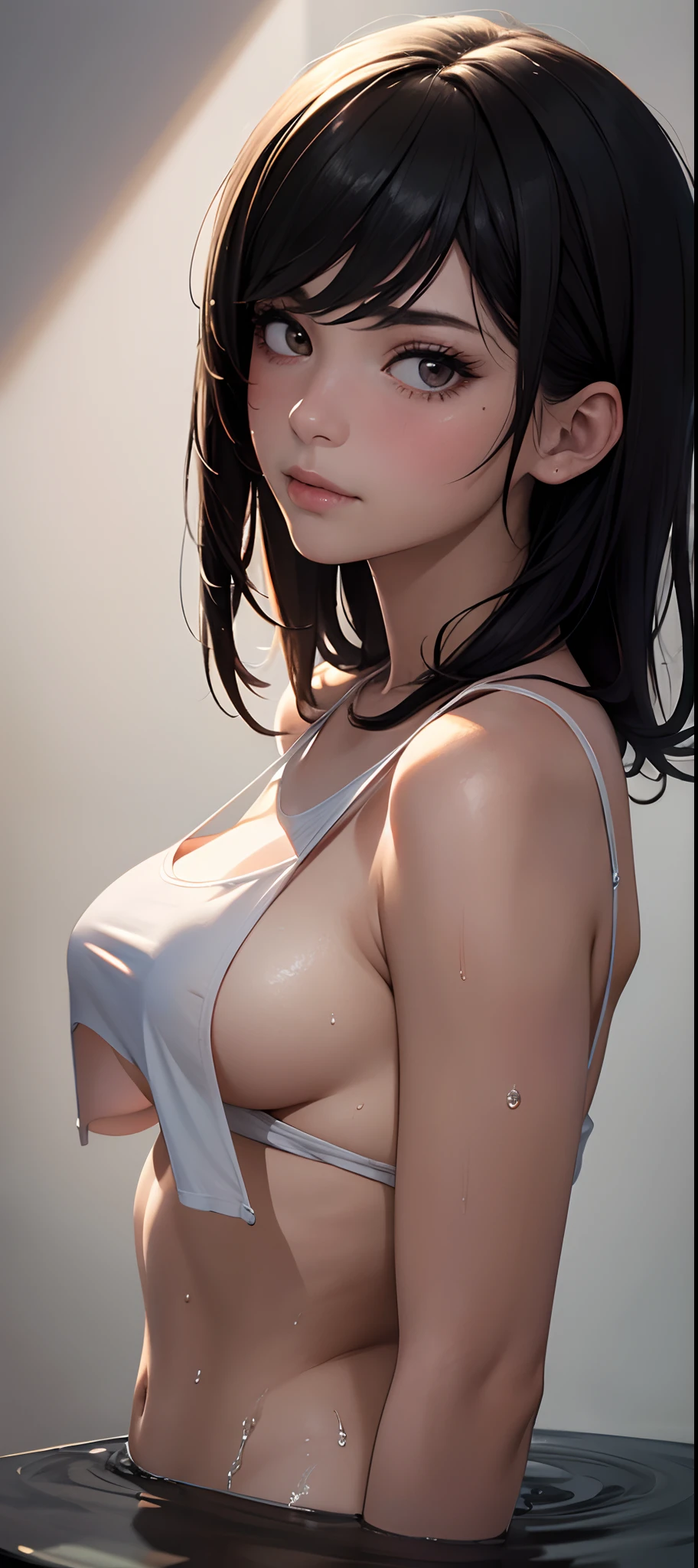 (((Masterpiece))), (portrait), Kujou Sara, diffused light, dynamic shadows, sharp focus, realistic, detailed, highres, absurdres, white background, looking to the side, v arms, (cropped top), no bra, photorealistic, lifelike, wet, mascara, blushing, slim waist, (((sideboob))), sleeveless, armpits,