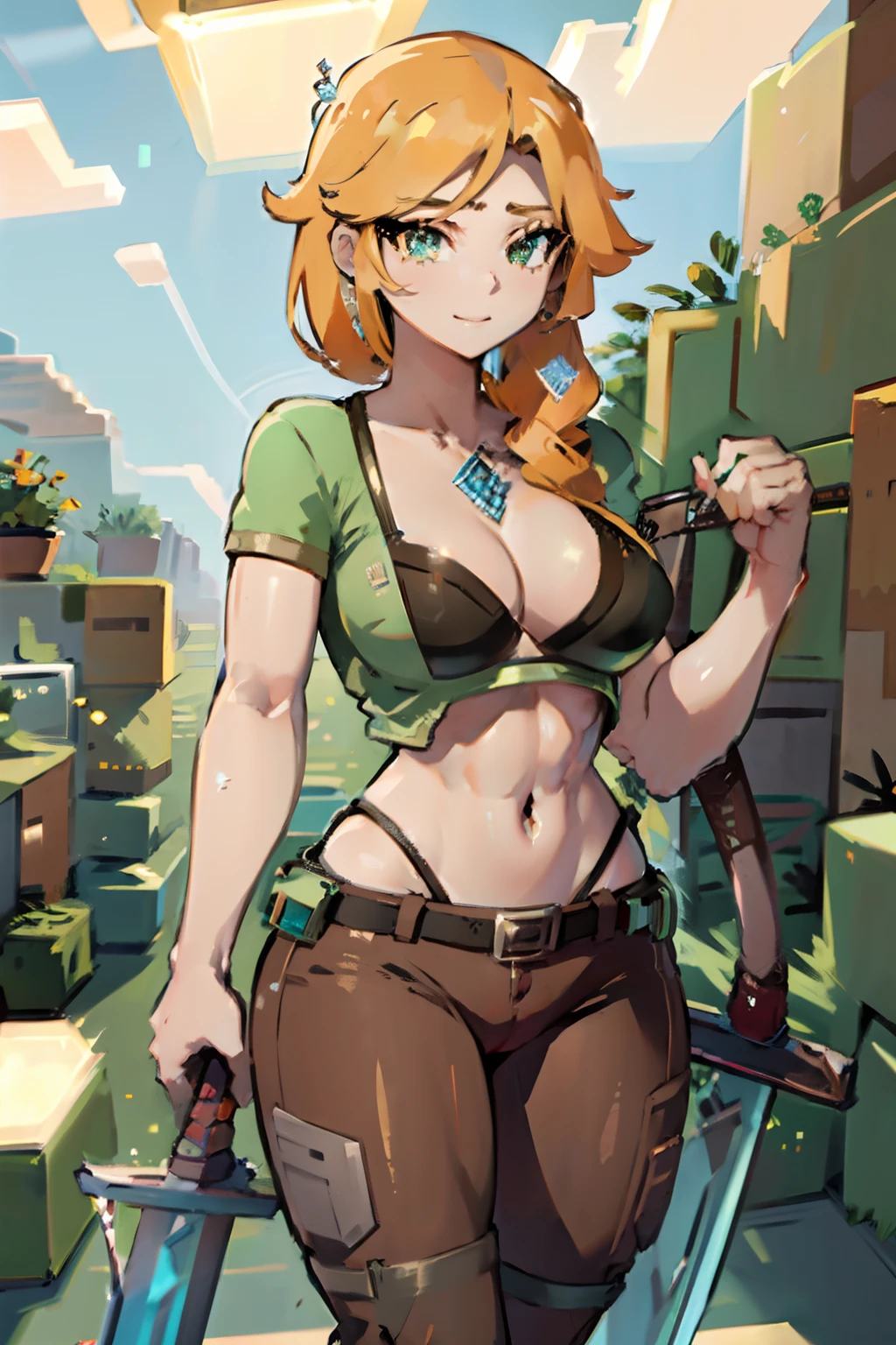 Cute smile, Big breasts, Alex, ((marked pussy)), Minecraft Brown Pants, ((bra)), ((((Diamond sword))))