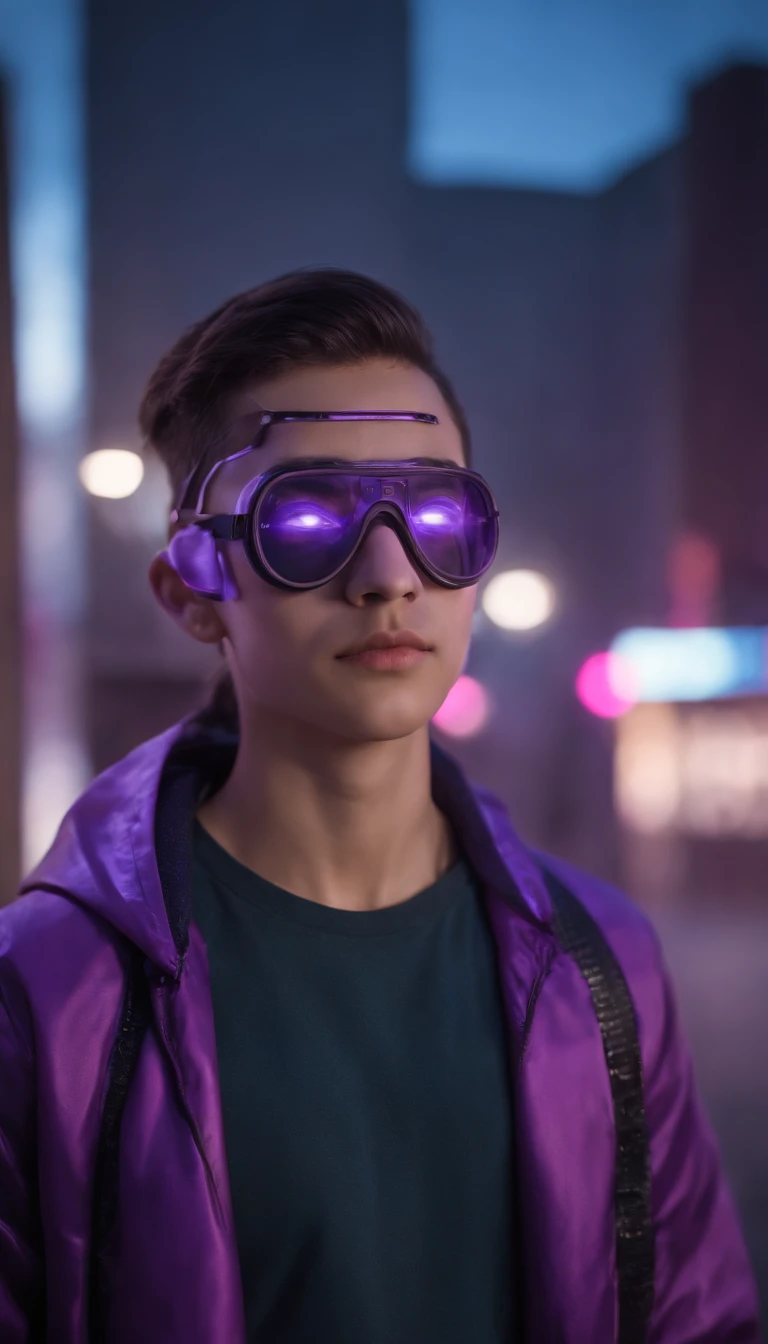 3D illustration of a front view of a teenage boy, cyberpunk in futuristic mask with glasses and filters in stylish purple wire jacket EL standing in a night scene with air pollution, cabelos rosa escuro, colhos castanhos