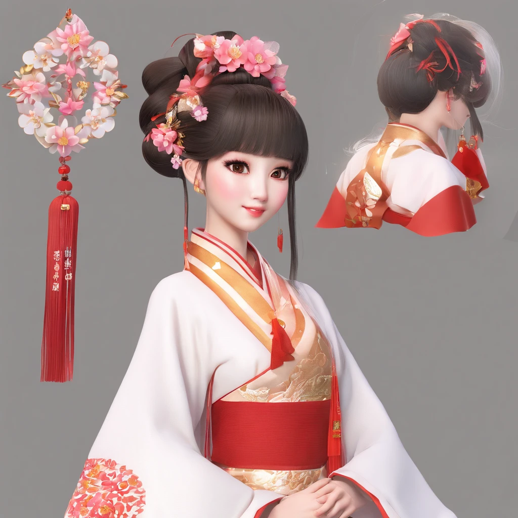 bit girl,(China-style:1.5),Hanfu,Red clothes,long whitr hair,double tails,Boots,Blushlush,with her mouth open,hair adornments,white backgrounid,独奏,longer sleeves,Low Twin Tails,Bow knot,By bangs,ssmile,黑The eye,full bodyesbian,Gold footwear,White background,standing on your feet,Lotus hair ornaments,Hair Bow,hold,brunette color hair,hair flower,